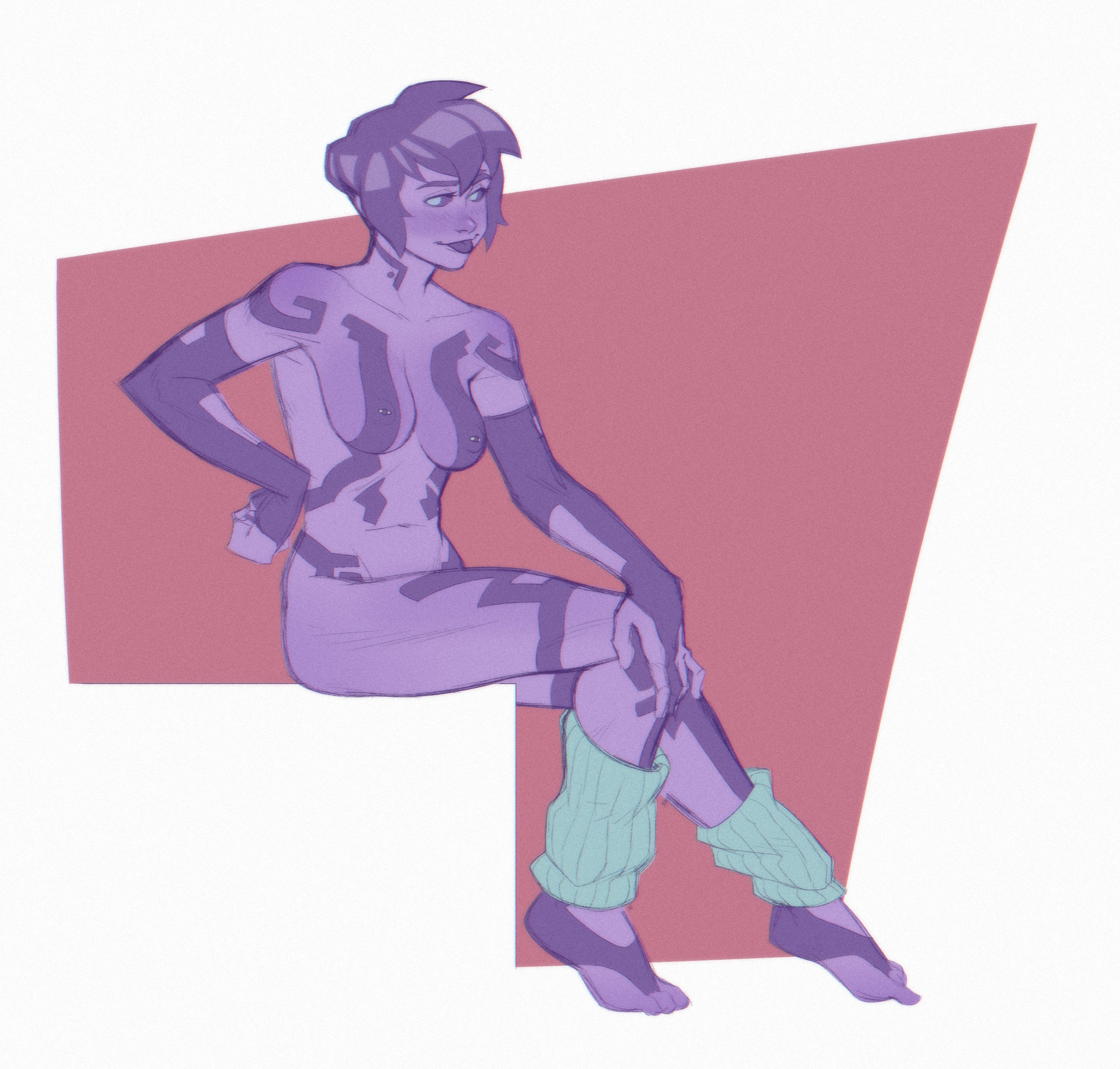 1girls, 343 industries, ankle warmers, areolae, blue eyes, blush, body markings, breasts, bungie, cortana, cortana v1, dark sclera, feet, halo (series), hand on hip, hand on knee, looking at viewer, lowpolybrain (artist), medium breasts, microsoft, navel, nipples, pierced nipples, piercing, purple hair, simple background, smile, smiling at viewer, thighs, tongue, tongue out