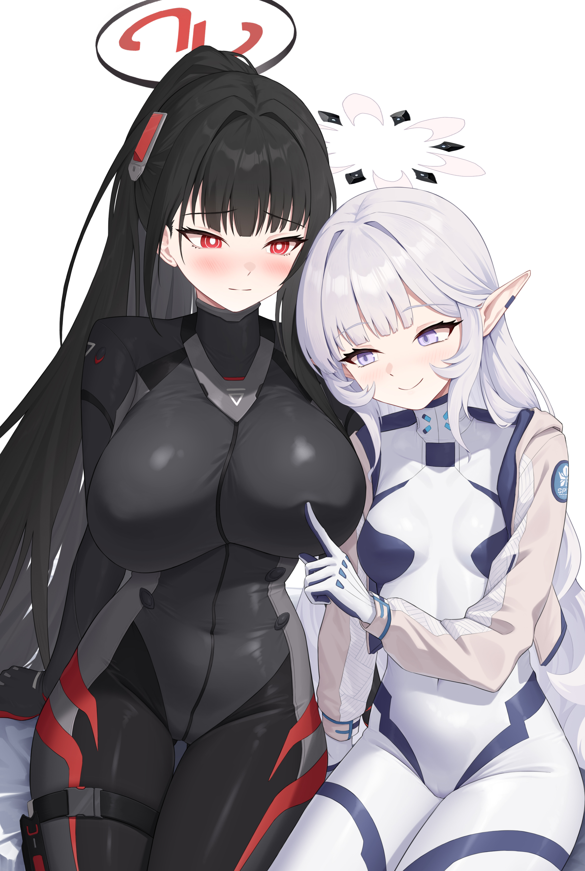 2girls, absurdres, black bodysuit, black hair, black halo, blue archive, blunt bangs, blush, bodysuit, breasts, bright pupils, commentary request, covered groin, covered navel, cropped jacket, gloves, grey hair, hair ornament, halo, highres, himari (armed) (blue archive), himari (blue archive), impossible bodysuit, impossible clothes, jacket, large breasts, latex, latex bodysuit, long hair, looking at another, mole, mole under eye, multicolored halo, multiple girls, official alternate hairstyle, open clothes, open jacket, pointy ears, poking another's breast, ponytail, purple eyes, red eyes, red halo, ringed eyes, rio (armed) (blue archive), rio (blue archive), skin tight, small breasts, smile, two-tone halo, very long hair, white background, white bodysuit, white gloves, white hair, white halo, white jacket, white pupils