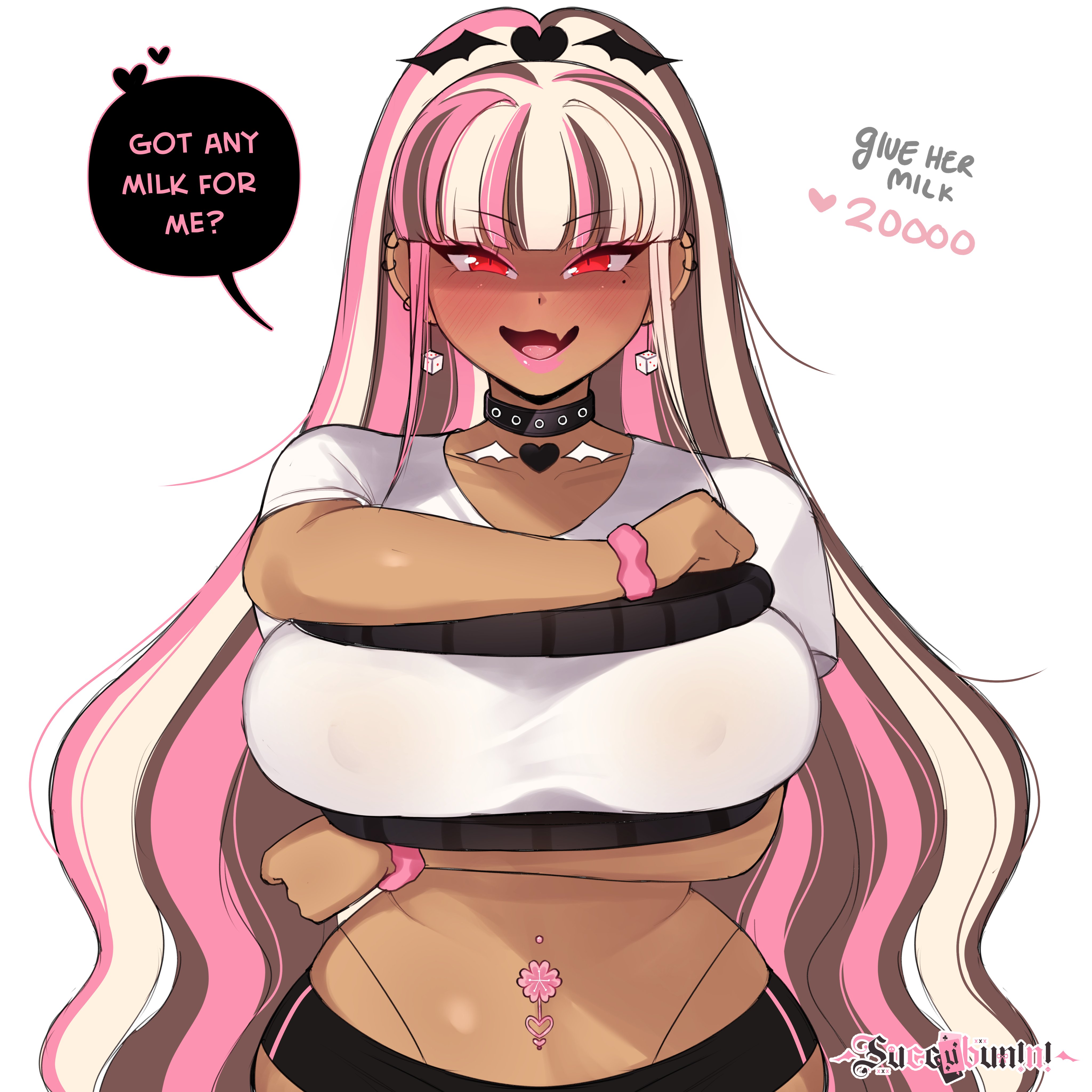 1girls, absurd res, blonde hair, breasts, brown hair, cinnabus, dark skin, dark-skinned female, dialogue, english text, female, female focus, female only, hime nini (succubunini), indie virtual youtuber, large breasts, long hair, looking at viewer, meme, oreo cookie, original, pink hair, red eyes, shioreos (meme), smiling, smiling at viewer, solo, speech bubble, succubunini, talking to viewer, thick thighs, thighs, three-tone hair, virtual youtuber, white background, wide hips