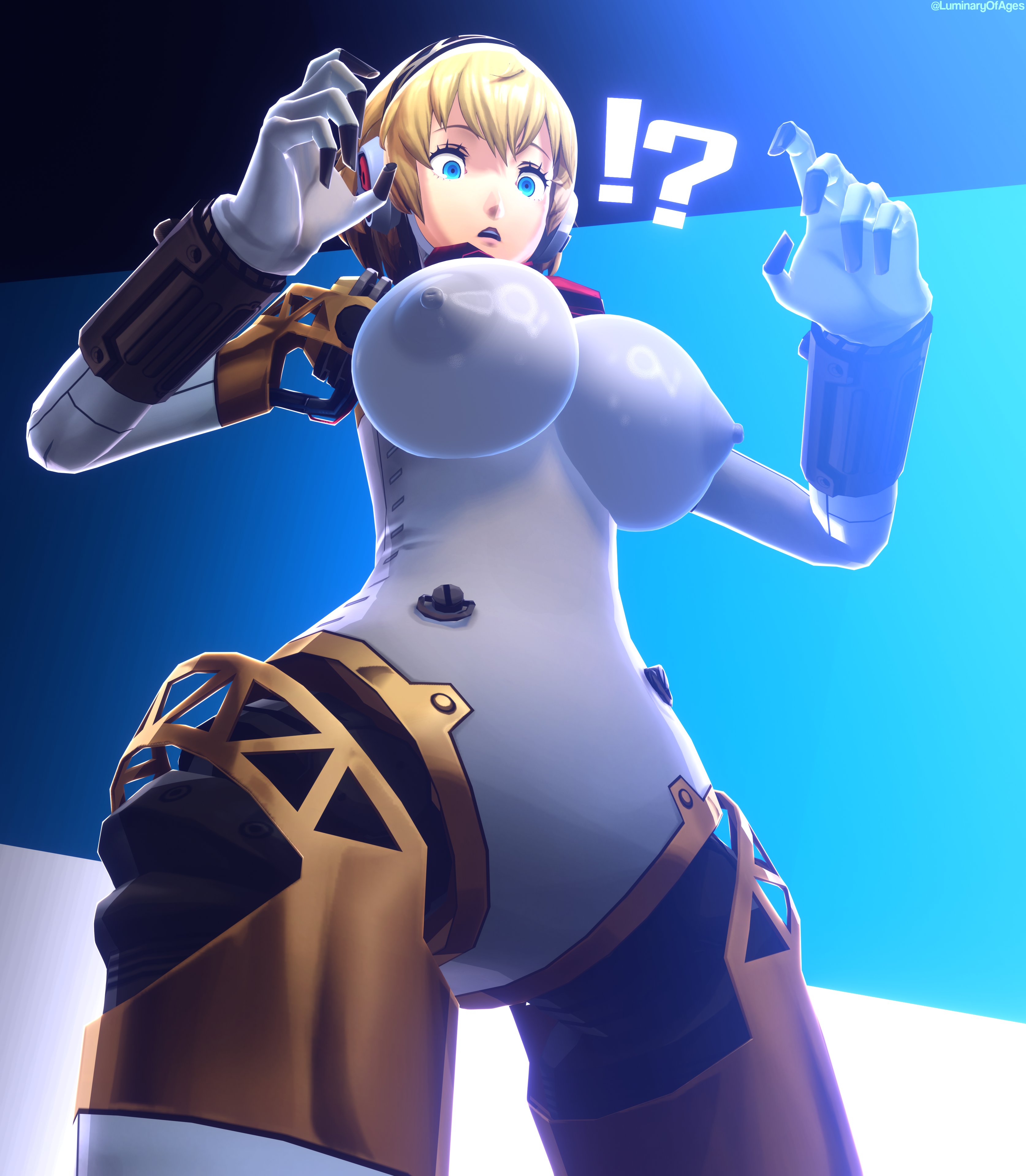 3d, aigis (persona), blonde hair, blue eyes, breasts out, bursting breasts, female, huge breasts, luminaryofages, mechanical, onomatopoeia, persona, persona 3, persona 3 reload, robot, robot girl, robot humanoid, surprised