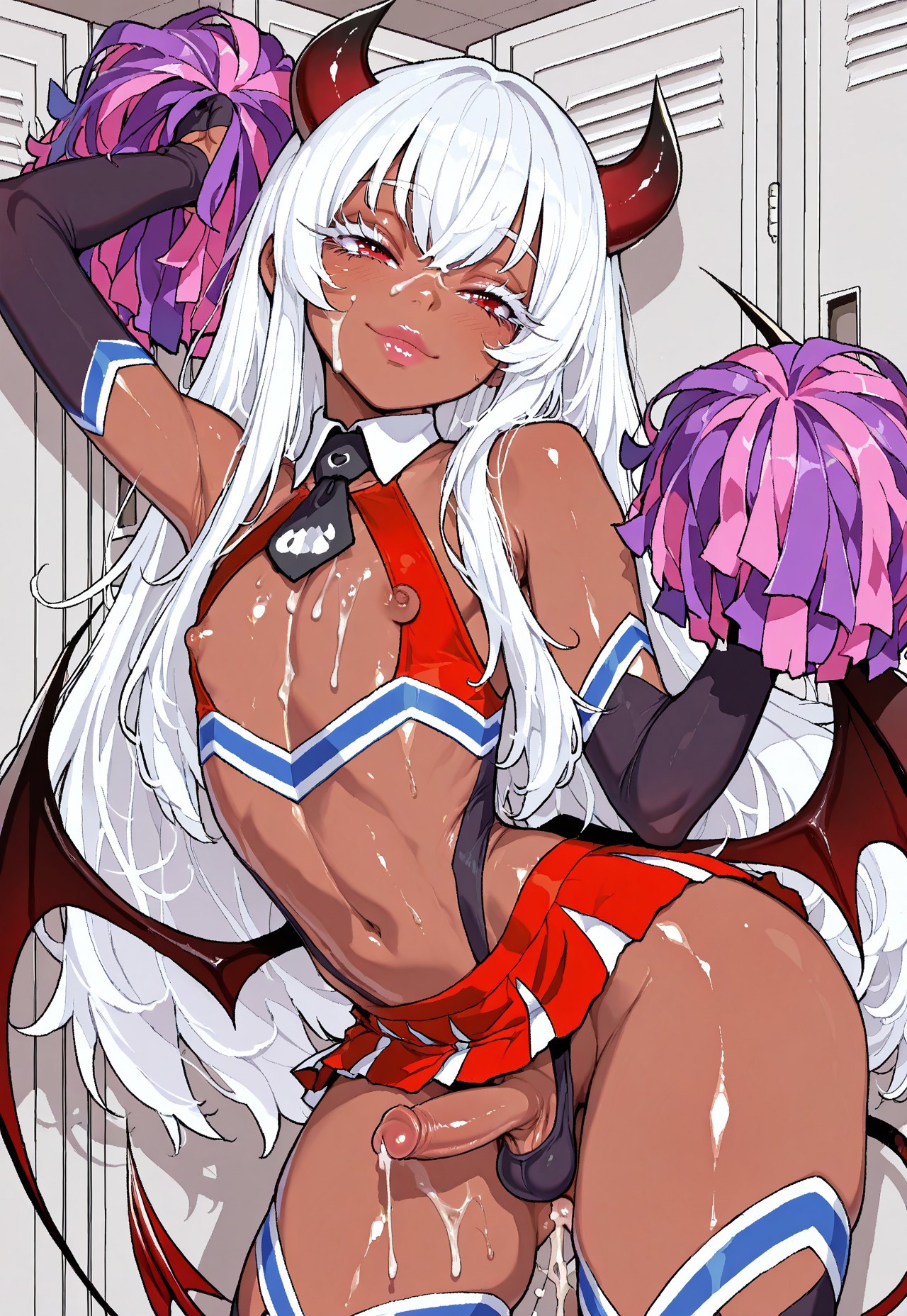 1boy, 1femboy, 2025, after anal, after sex, ai generated, alternate version available, anus, balls, belly, cheerleader, cheerleader outfit, cheerleader uniform, civitai, crossdressing, cum, cum in ass, cum in pussy, cum inside, dark skin, dark-skinned femboy, dark-skinned sissy, demon, demon boy, demon horns, erect penis, erection, eyebrows, eyelashes, femboy, feminine male, fumse, girly, incubus, incubus horns, indoors, locker, locker room, lockers, long hair, looking at viewer, navel, nipples, pectorals, penis, pompoms, solo, standing, succubus horns, succubus wings, testicles, thighs, trap, white hair