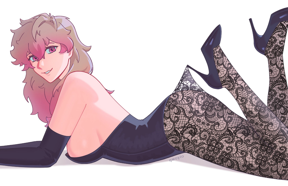 1girls, alexis ness, ass, ass visible through clothes, big thighs, blue lock, breasts, brown hair, curvy, curvy figure, detached sleeves, female, female focus, female only, femlock, genderswap, high heels, hooked on heel, lace pantyhose hooked on heel (meme), lace stockings, legs, looking at viewer, medium breasts, on stomach, pale skin, pale-skinned female, pantyhose, pink eyes, pink hair, qwoyio, revealing, revealing clothes, rule 63, sexy clothing, sideboob, sleeves, smile, solo, solo female, solo focus, thick, thick ass, thick legs, thick thighs, thighs, two-tone hair