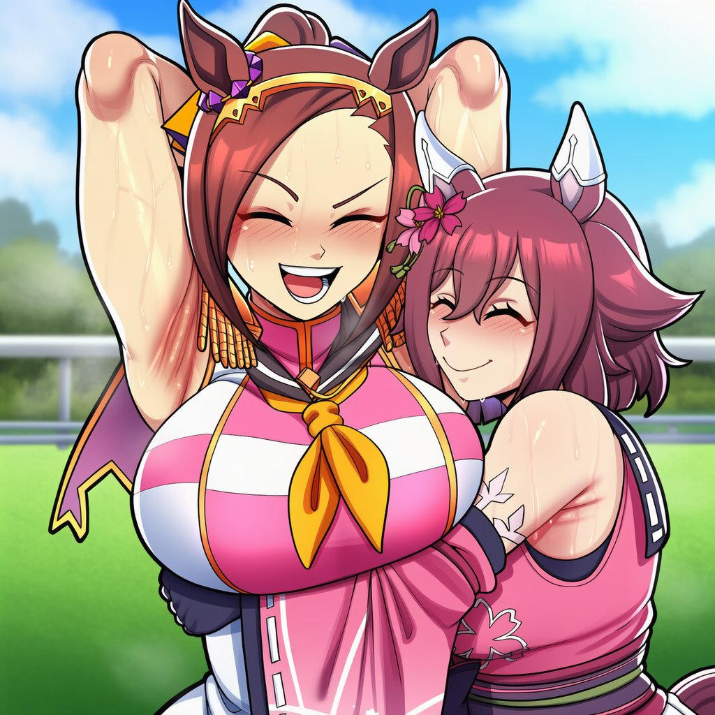 2girls, ai generated, armpit fetish, bakushin o armpit gif (meme), female, female only, girl, girl only, highdeadout, sakura bakushin o (umamusume), sakura chiyono o (umamusume), umamusume