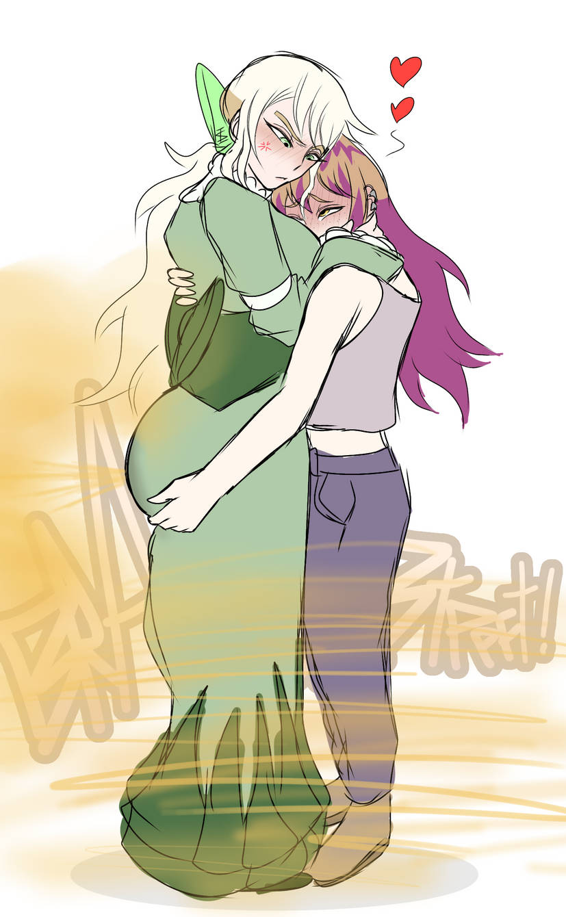 2girls, ass, ass grab, big ass, big breasts, blush, blushing, comforting squirrel girl (meme), deviantart link, enjoying farts, fart, fart cloud, fart fetish, fully clothed, gassy, gassy female, girlfriends, hand on ass, head between breasts, heart, hug, huge ass, hugging, larger female, onomatopoeia, simple background, smaler female, tatterssweet, touching ass, yuri
