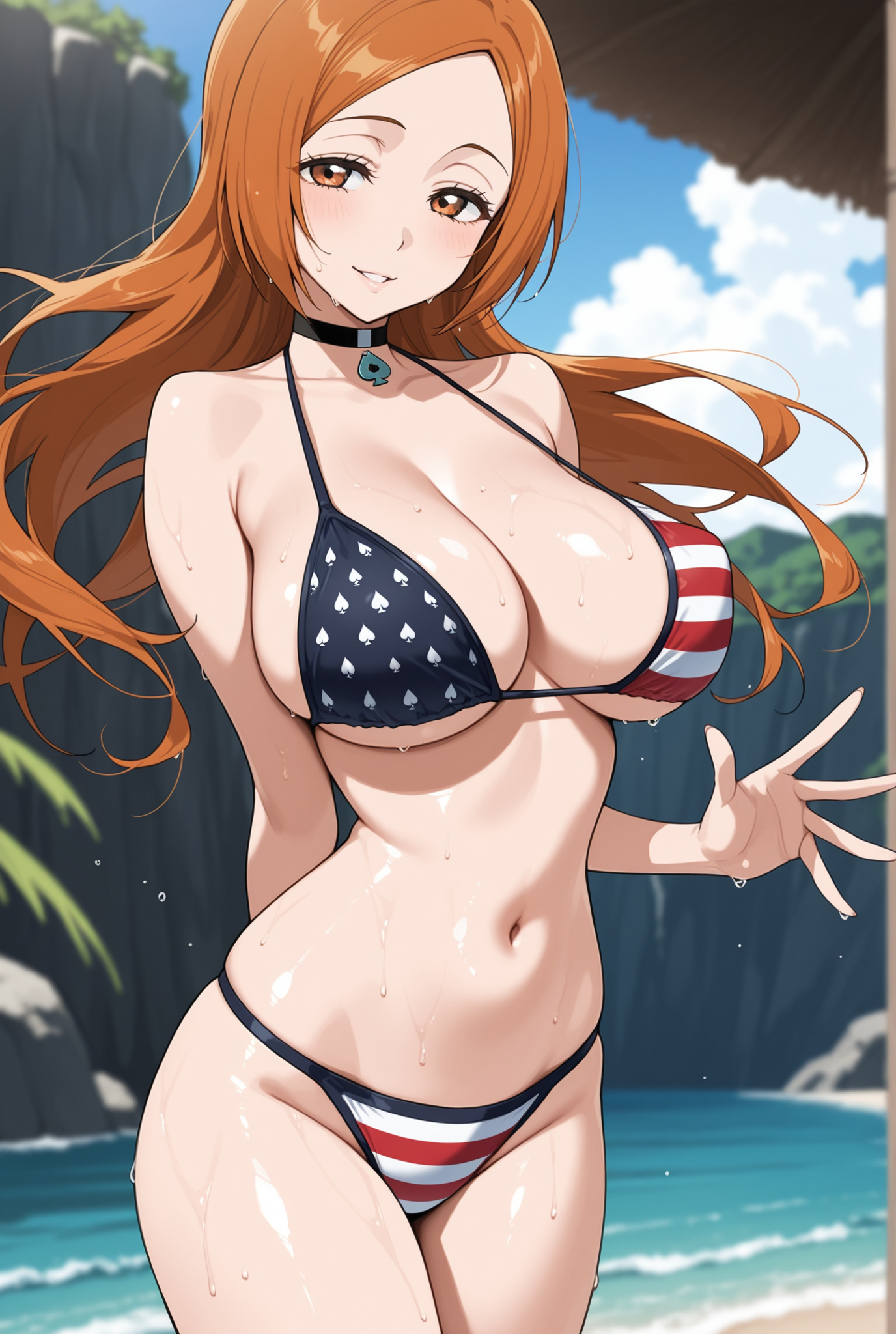 1girls, ace of spades, ai generated, american flag bikini, beach, belly button, bikini, bleach, blush, breasts, brown eyes, choker, cleavage, clouds, female, flag bikini, flag print, floating hair, hand behind back, implied cheating, implied ntr, inoue orihime, large breasts, long hair, looking at viewer, navel, notreallyhere, orange hair, outdoors, parted lips, qos, qos clothing, queen of spades, sky, smile, solo, standing, undersized clothes, waving, waving at viewer, wet