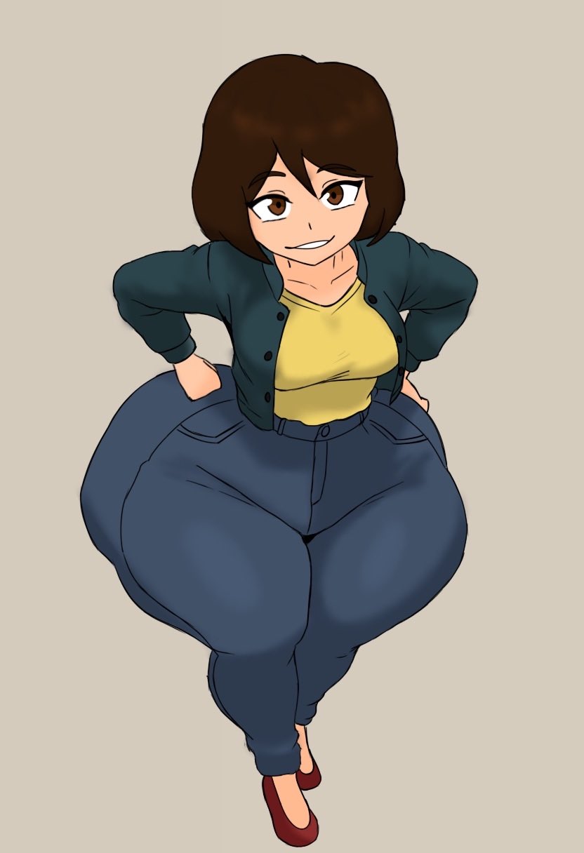 1girls, 2020s, 2026s, bottom heavy, bottom heavy female, brown eyes, brown hair, brunette female, brunette hair, child bearing hips, comission, curvaceous, curves, curvy, curvy body, curvy figure, curvy hips, digital drawing (artwork), digital media (artwork), first porn of artist, green jacket, hips, hips wider than shoulders, jeans, jpg, justchris, mommy, oc, original, original character, pear shaped, pear-shaped figure, red shoes, shiny pants, shiny skin, smile, smiling, smiling at viewer, solo, solo female, solo focus, someone else's oc, thick, thick hips, thick legs, thick thighs, thunder thighs, thunderthighs, twitter link, voluptuous, voluptuous female, yellow shirt