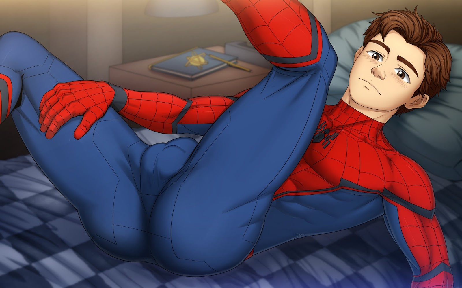 1boy, actor, balls, balls outline, brown eyes, brown hair, bulge, celebrity, female, gay, gay male, human, human only, in character, legs held open, legs up, light skin, light-skinned female, lying on back, male, male only, marvel, marvel cinematic universe, marvel comics, mask removed, penis, penis bulge, peter parker, presenting hindquarters, spider-man, spider-man (series), spider-man (tom holland), spider-man: homecoming, spread legs, suiton, tom holland, vpl, yaoi