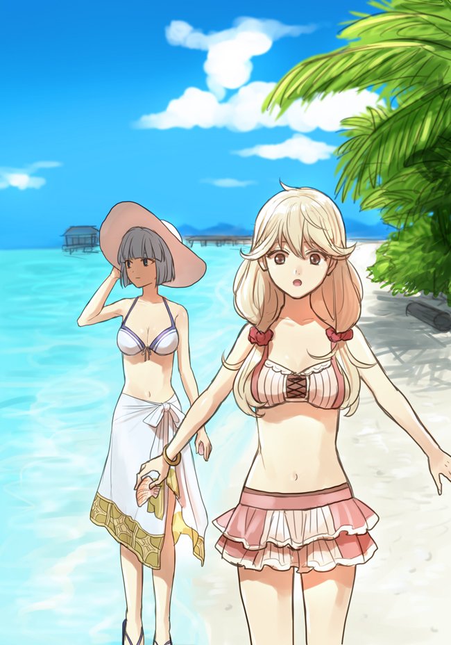 2girls adapted_costume akke beach bikini blonde_hair blue_eyes blue_hair bracelet breasts brown_eyes cleavage cloud day faye_(fire_emblem) female fire_emblem fire_emblem_echoes:_shadows_of_valentia fire_emblem_gaiden hand_on_headwear hat jewelry long_hair medium_breasts multiple_girls open_mouth outdoors sand short_hair silque_(fire_emblem) sky sun_hat swimsuit water