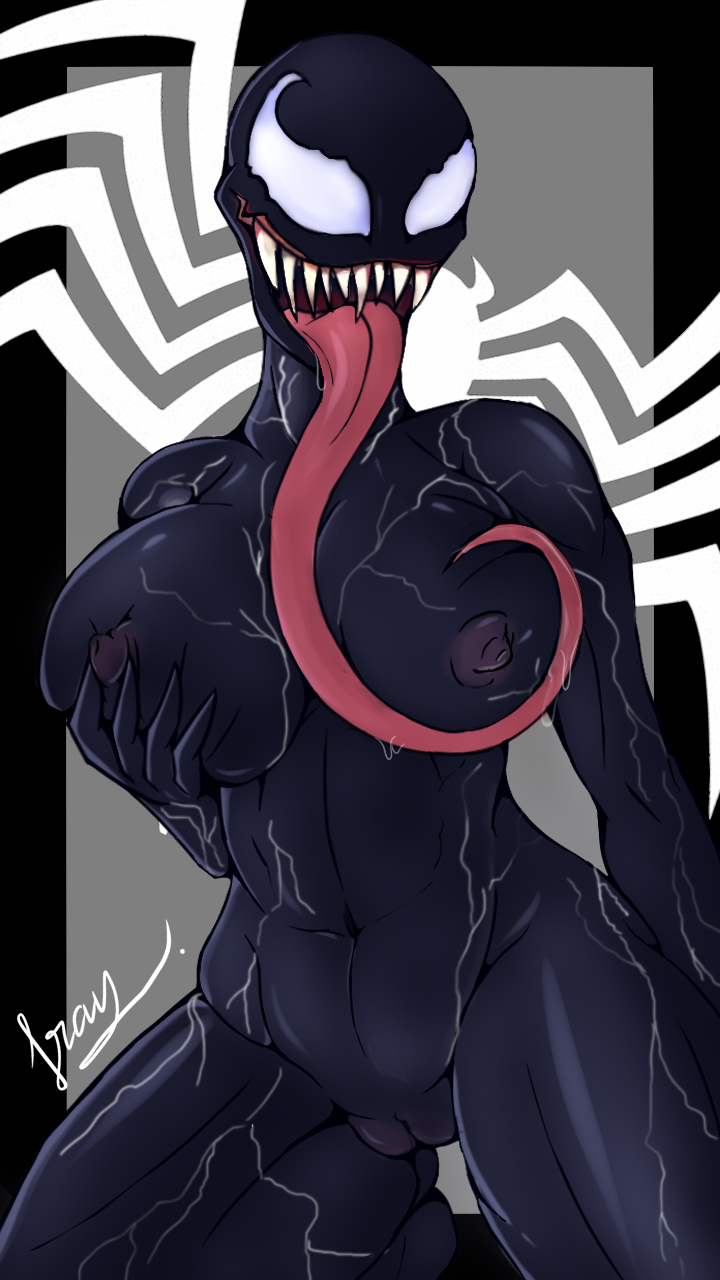 1girls abs alien belly big_breasts breast_lick breasts female female_only fraydragon grabbing_own_breast kneeling large_breasts long_tongue marvel marvel_comics muscles muscular muscular_female navel nipples saliva sharp_claws sharp_teeth she-venom spider-man_(series) symbiote text thick_thighs thighs tongue tongue_out vagina veins venom venom_(marvel) watermark white_eyes wide_hips