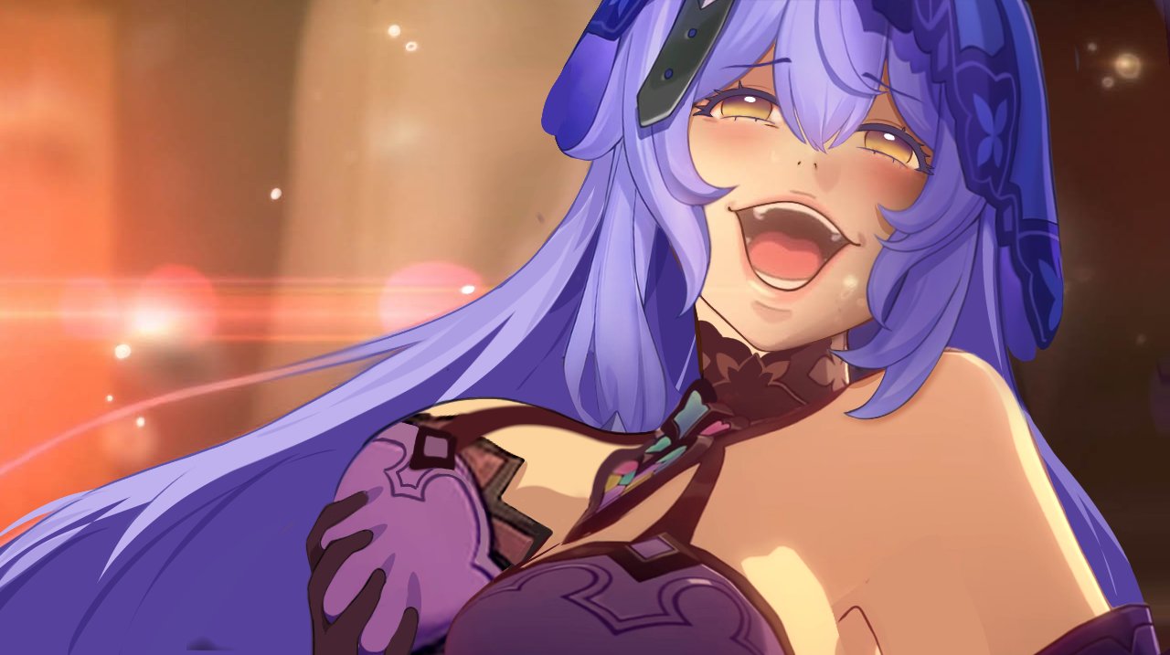 ahe gao, ahegao face, big breasts, black swan (honkai: star rail), city boy, eyes rolling back, female, female focus, female only, grabbing breasts, grabbing own breast, honkai star rail, honkai: star rail, horny face, horny female, joke art, joke reference, kakegurui, kakegurui meme, meme, meme pose, meme reference, not nude, purple hair, solo, suggestive, suggestive gesture, suggestive look, suggestive pose, unknown artist, woman focus, woman only, yumeko grabbing her breast
