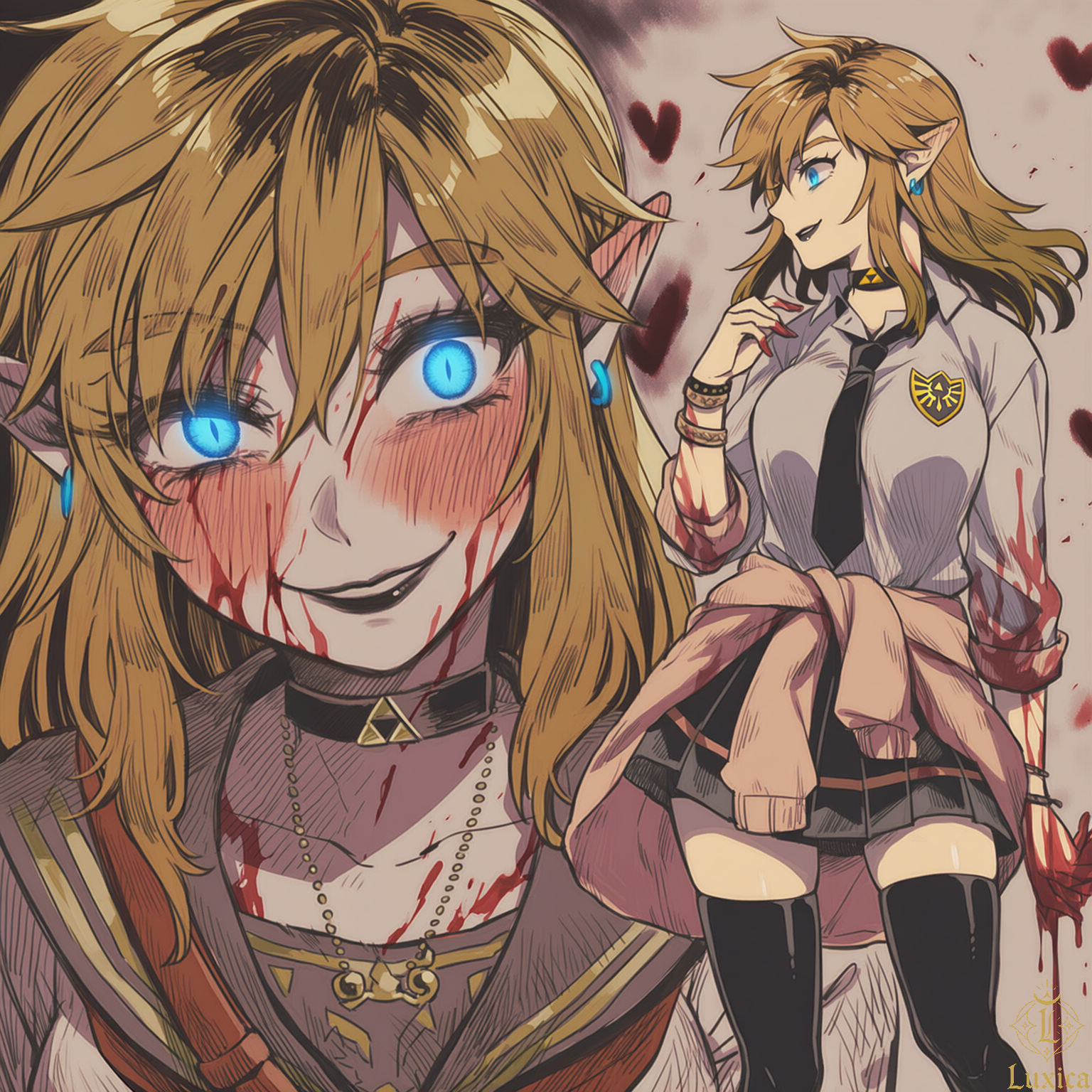 ai, ai art, ai generated, almond eyes, androgynous, blood, bloody, blue eyes, choker, crazy eyes, crazy smile, crossdressing, earrings, femboy, feminine male, feminization, girly, girly boy, golden hair, heart, hylian, hylian ears, legwear, link, link (breath of the wild), link (tears of the kingdom), long hair, looking at viewer, luxica, nintendo, novelai, school uniform, schoolgirl, schoolgirl uniform, skirt, solo, the legend of zelda, trap, triforce, twink, uncensored, yandere