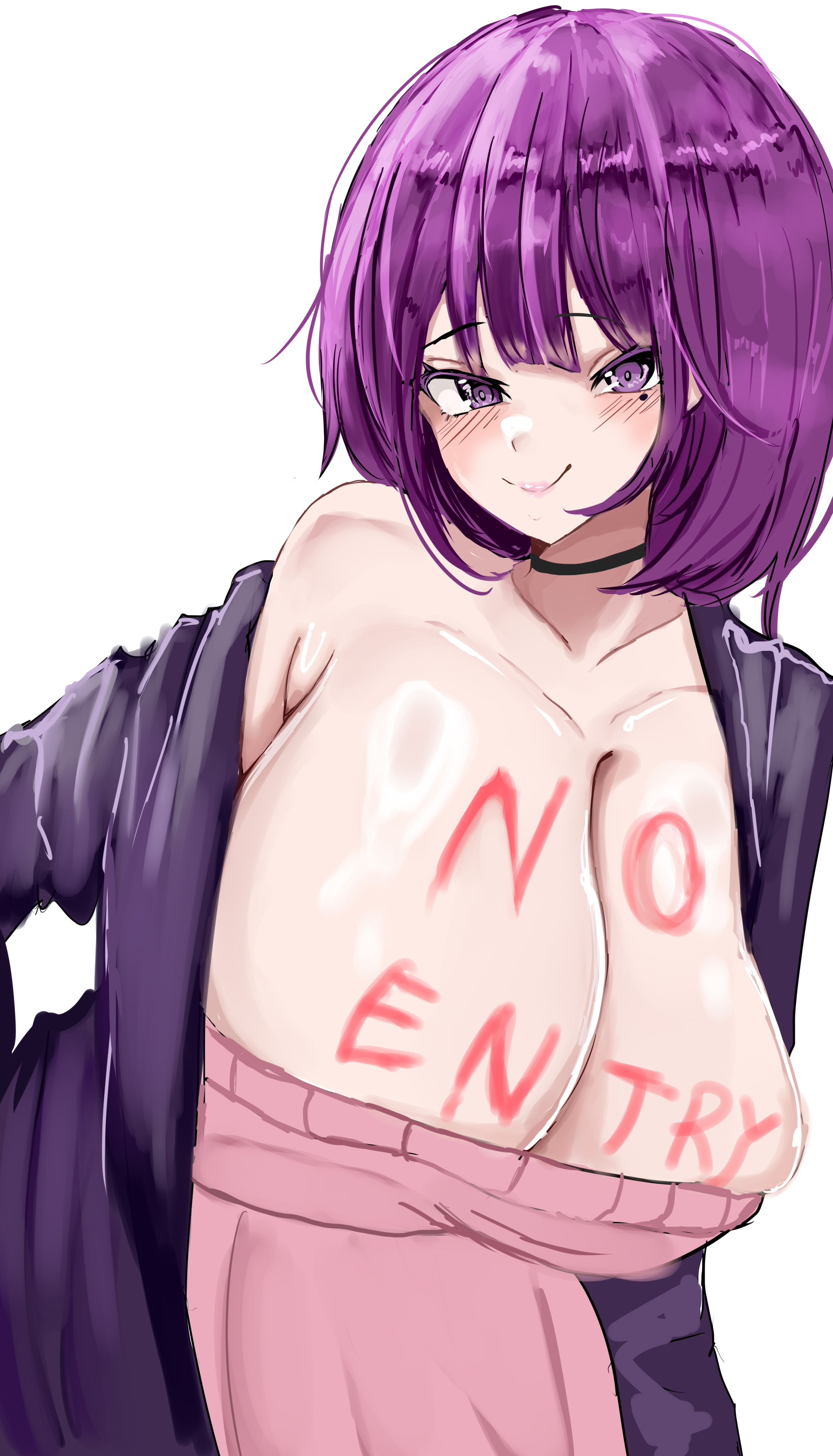 1girls, 2d, 2d (artwork), alt girl, amelia (pathways), bob cut, body writing, british, british female, busty, choker, cleavage, female, female focus, female only, hourglass figure, large breasts, mimuri347236, pathways (game), purple hair, solo, tagme, wide hips