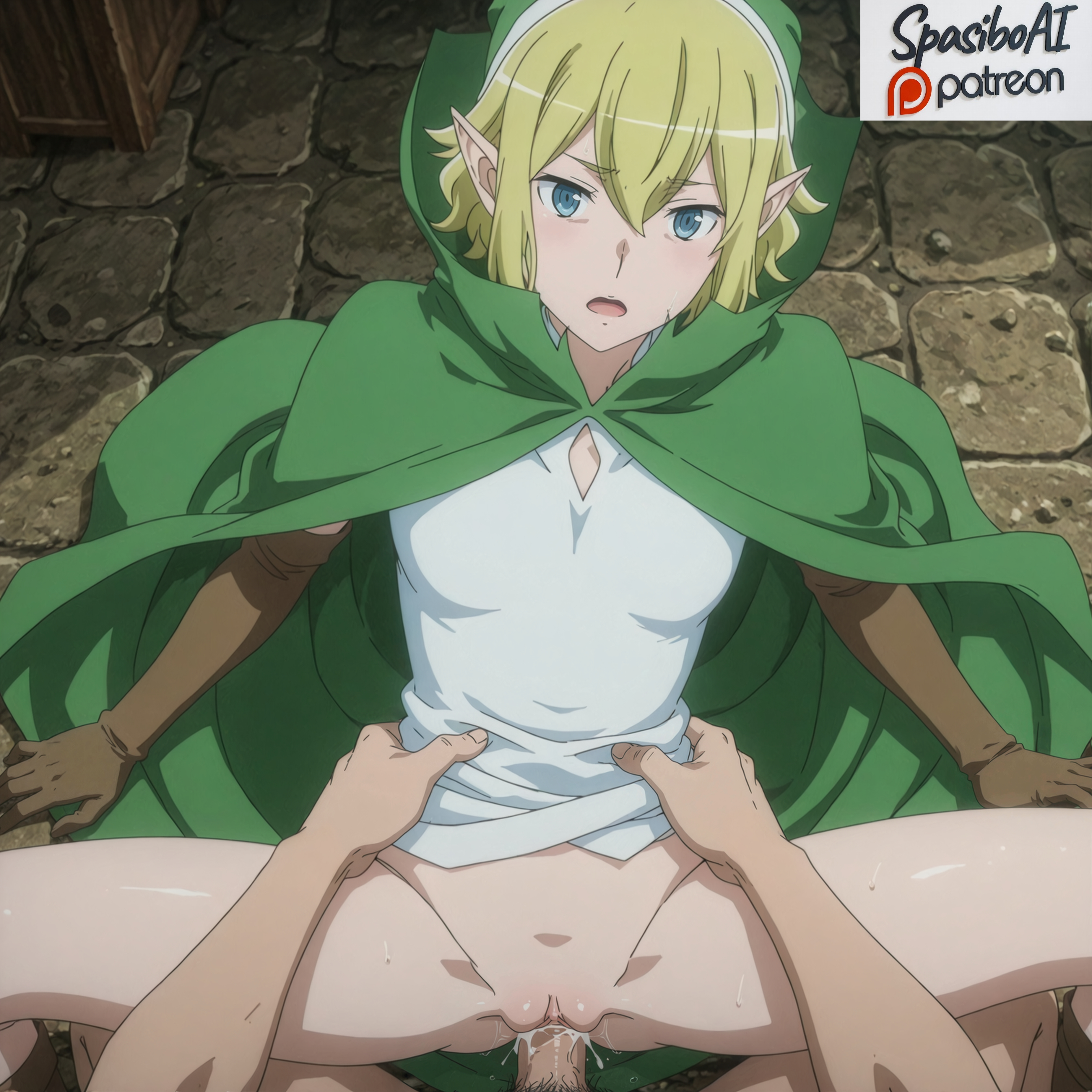 1boy, ai generated, arm support, blonde hair, blue eyes, blush, boots, bottomless, breasts, brown footwear, brown gloves, cape, cloak, clothed sex, cum, cum in pussy, cum inside, cum overflow, danmachi, dungeon ni deai wo motomeru no wa machigatteiru darou ka, elbow gloves, elf, female, gloves, green cape, green cloak, hair between eyes, hood, hooded cloak, looking at viewer, lying, male pubic hair, missionary, nude, on back, on floor, on ground, open mouth, outdoors, penis, pointy ears, pov, pubic hair, pussy, pussy juice, ryuu lion, sex, shirt, short hair, sitting, small breasts, solo focus, spasibo15, spread legs, stone floor, straight, sweat, teeth, thighs, torso grab, uncensored, vaginal penetration, white shirt