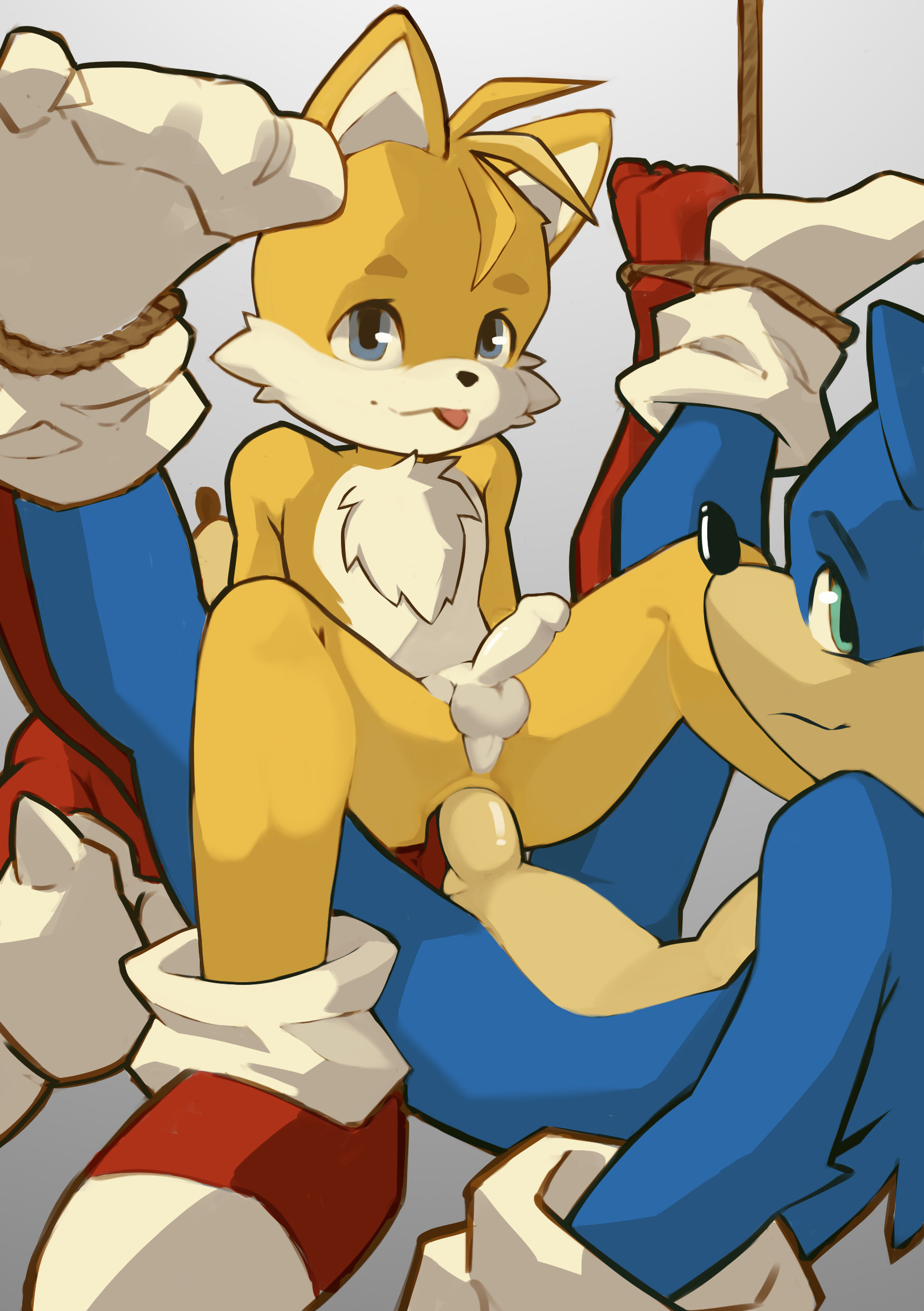 2022, 2boys, absurd res, age difference, anal, anal sex, ankles tied, anthro, balls, bb xiongmao, blep, blue body, blue eyes, bound, bound together, canid, canine, chest tuft, clothing, crouching, crouching sex, cub, digital drawing (artwork), digital media (artwork), dominant, dominant young, double anal, double penetration, eulipotyphlan, feet, feet tied, footwear, foreskin, fox, fur, genitals, gloves, green eyes, group, handwear, hedgehog, hi res, humanoid genitalia, humanoid penis, knuckles the echidna, looking at viewer, lying, male, male cub, male only, male/male, mammal, on back, orange body, penetration, penile, penile penetration, penis, penis in ass, penis size difference, perineum, raised leg, red body, retracted foreskin, sega, shoes, smile, smiling at viewer, smirk, smirking at viewer, socks, sonic the hedgehog, sonic the hedgehog (series), tails, tails the fox, tan body, tan fur, tongue, tongue out, trio, tuft, white body, white fur, young, younger penetrated