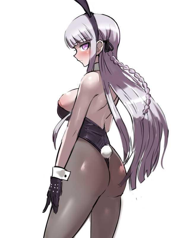 1girls, accurate art style, akizora, ass, big ass, big breasts, blush, breasts, bunny ears, bunny girl, bunny tail, bunnysuit, danganronpa, danganronpa: trigger happy havoc, female, female only, gloves, kirigiri kyoko, large breasts, long hair, looking at viewer, looking back, medium breasts, official style, petite, pink eyes, purple hair, silver hair, solo, standing, straight hair, white background