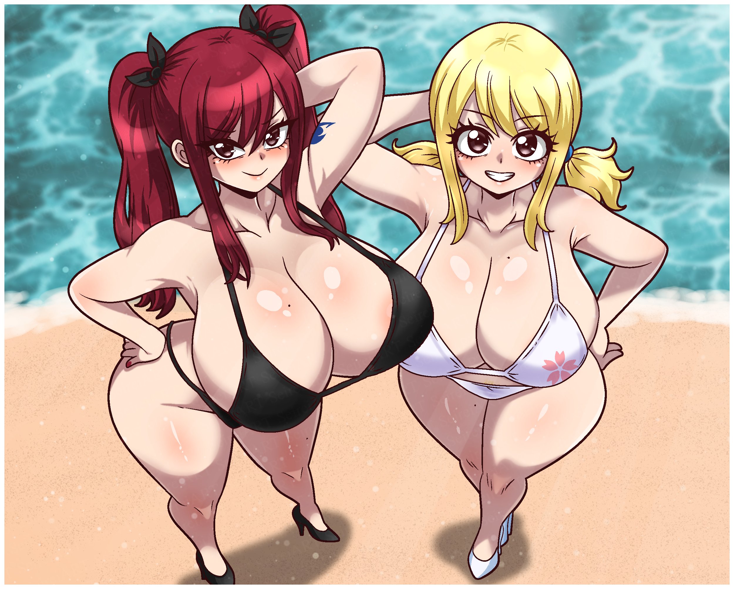 2girls, beach, big breasts, bikini, blonde hair, breasts, erza scarlet, fairy tail, female, female only, high angle, high heels, light skin, light-skinned female, long hair, lucy heartfilia, outdoors, red hair, seireiart, swimsuit