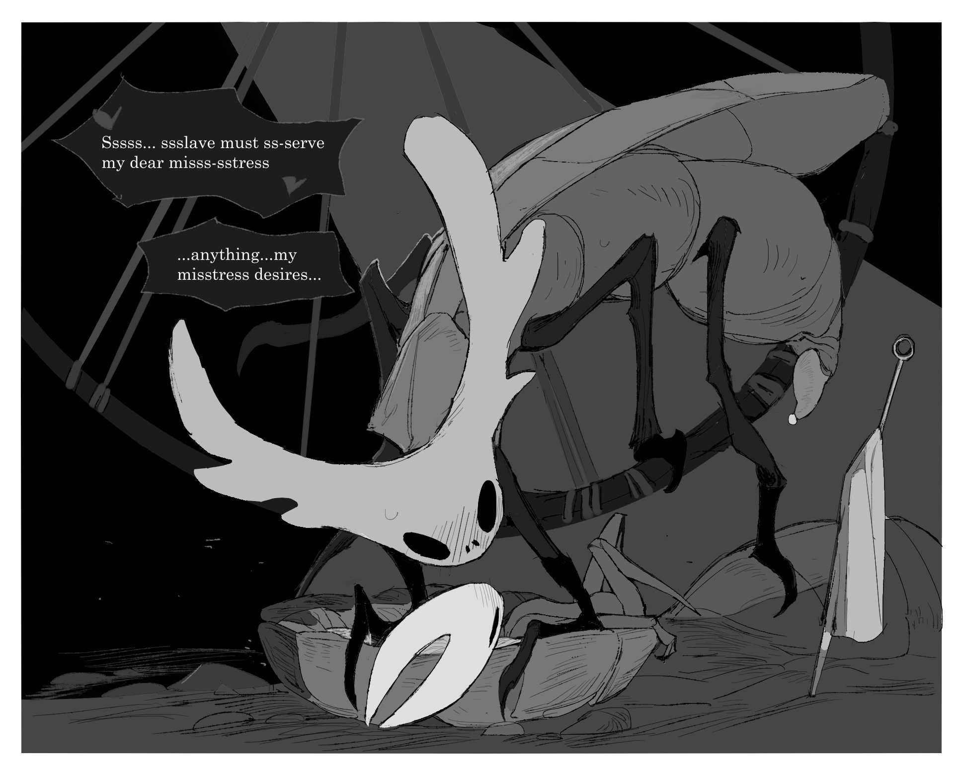 blush, hollow knight, hollow knight: silksong, hornet (hollow knight), impending sex, insects, justdog, larger male, male on top, slave, smaller female, styx (hollow knight)
