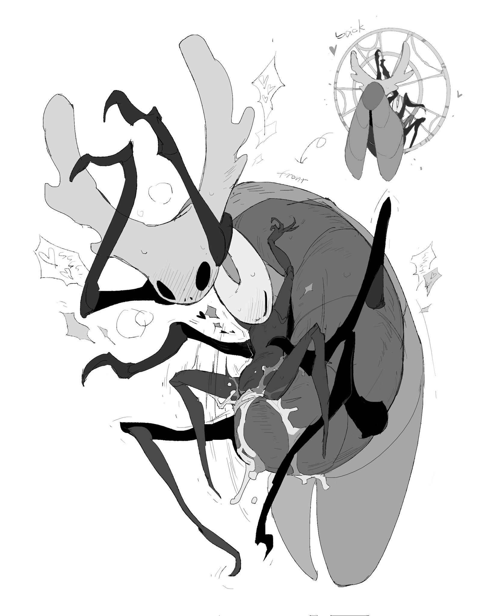 1boy, 1boy1girl, 1girls, cum inside, greyscale, hollow knight, hollow knight: silksong, hornet (hollow knight), justdog, justdog2025, larger male, larger male smaller female, multiple views, smaller female, styx (hollow knight)