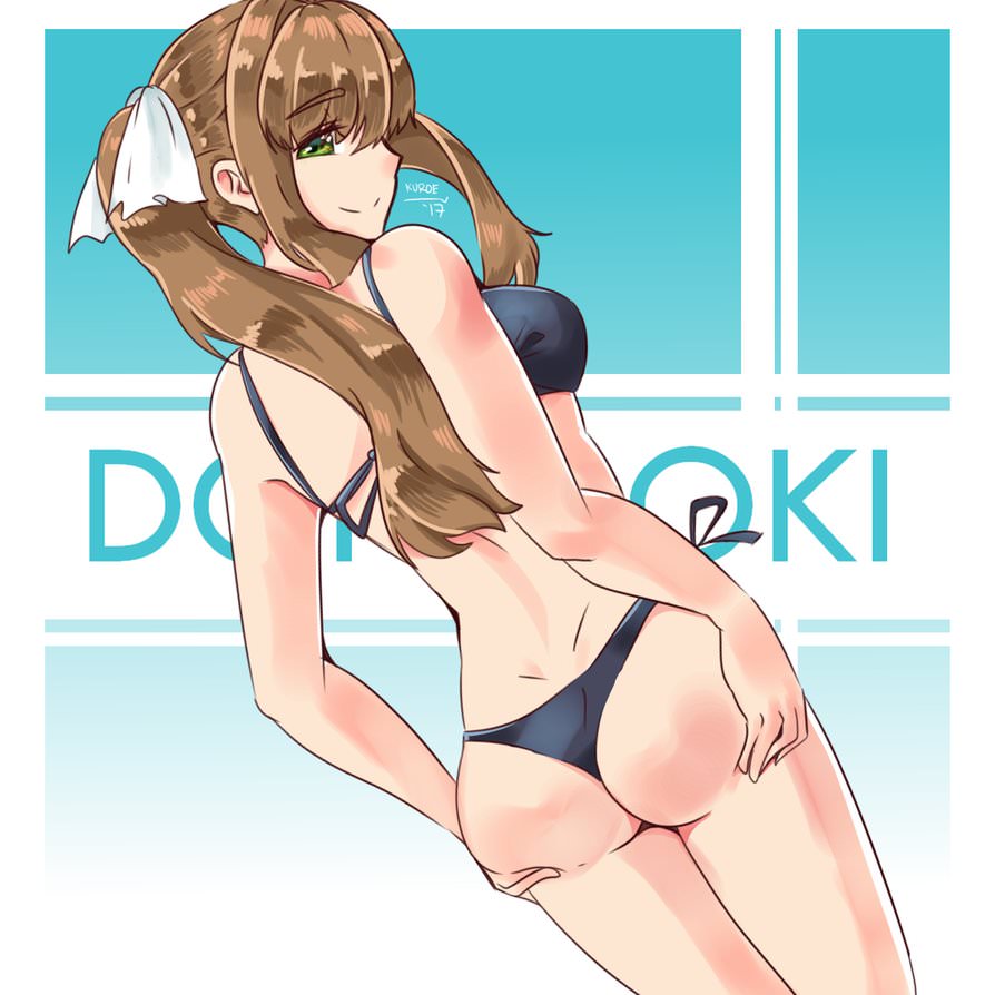 bikini, bow, brown hair, doki doki literature club, female, from behind, green eyes, monika (doki doki literature club), swimsuit, tagme