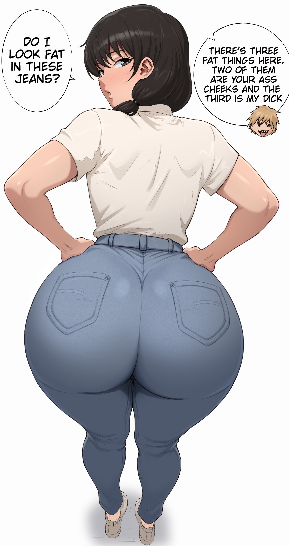 1girls, ass, ass focus, back view, bottom heavy, bottom heavy female, butt focus, chainsaw man, dialogue, female, huge ass, jeans, mitaka asa, text, vicsenpai