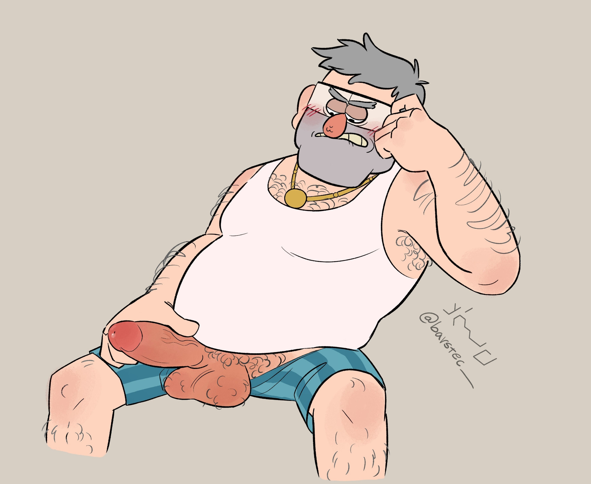 1boy, armpit hair, balls, bostecoo, chest hair, dilf, gravity falls, grunkle stan, hairy armpits, hairy arms, hairy balls, hairy male, half nude, holding penis, looking at genitalia, looking at genitals, looking at penis, looking down, male, male gilf, male only, mature male, medium penis, open pants, penis, pubic hair, solo, stan pines, stanley pines, tank top