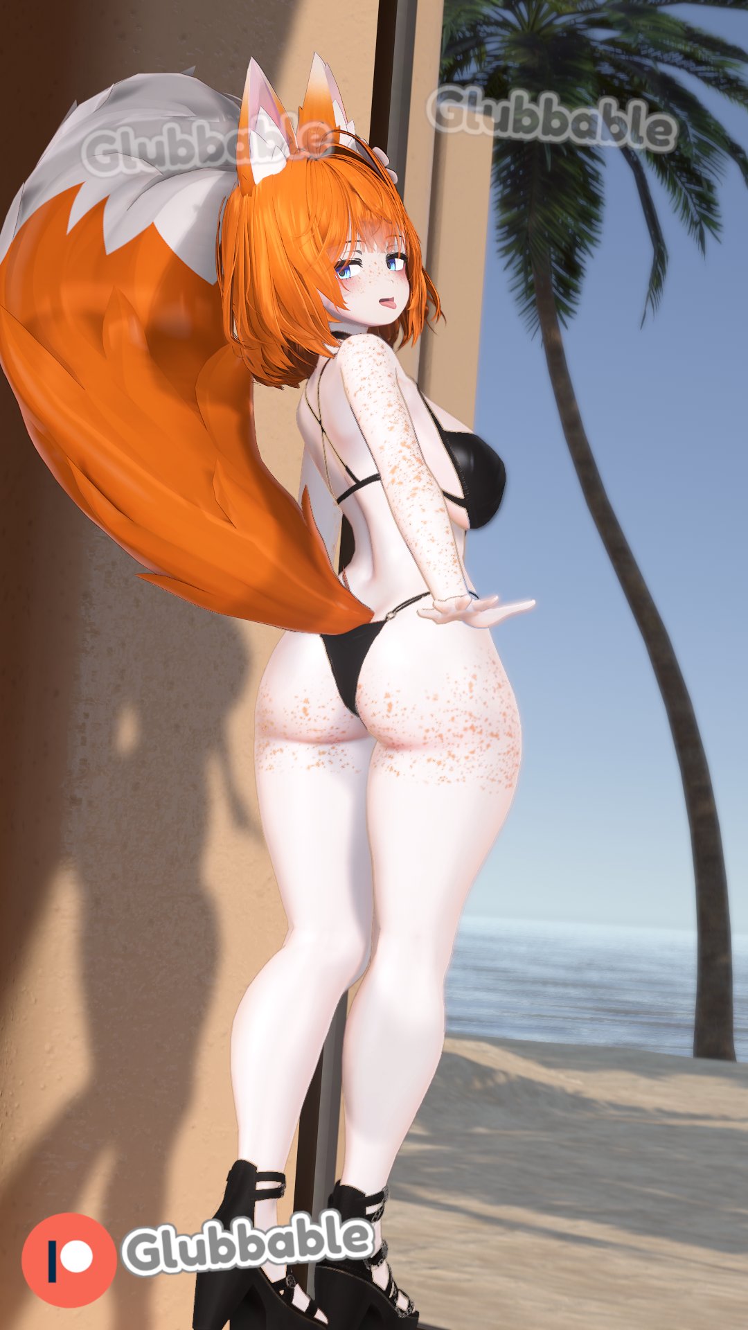 1girls, beach, big ass, bikini, bikini bottom, bikini top, blue eyes, breasts, female, fox, fox girl, fox tail, freckled face, freckles, freckles on ass, freckles on breasts, freckles on butt, freckles on chest, freckles on face, freckles on shoulders, freckles on thighs, ginger hair, glubbable, huge breasts, indie virtual youtuber, large breasts, light skin, light-skinned female, looking back at viewer, patreon, patreon logo, patreon username, smug, smug face, smug grin, sweat, sweatdrop, sweating, sweaty, sweaty body, sweaty breasts, tongue, tongue out, virtual youtuber, vrchat, vtuber