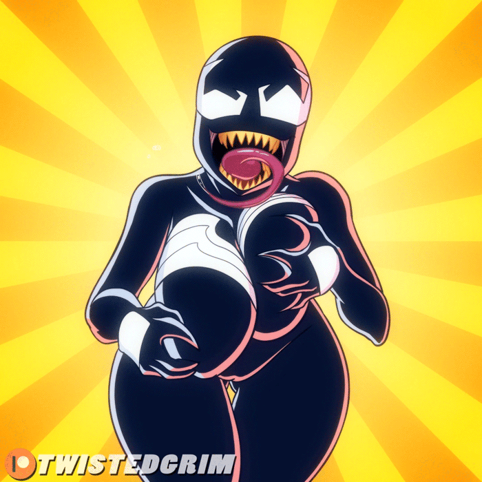 1girls, 2d, 2d animation, 5 fingers, alien, animated, ass, belly, big ass, big breasts, big butt, bouncing breasts, breast fondling, breast grab, breast hold, breast press, breast squeeze, breasts, chubby, cleavage, english text, female, female only, hips, huge ass, huge breasts, huge butt, humanoid, large ass, large breasts, large butt, long tongue, looking at viewer, marvel, marvel comics, no nipples, open mouth, orange background, saliva, seductive, sharp claws, sharp fingernails, sharp nails, sharp teeth, she-venom, simple background, smile, smiling, smiling at viewer, solo, solo female, spider-man (series), standing, symbiote, teeth, text, thick, thick ass, thick thighs, thigh gap, thighs, tongue, tongue out, twistedgrim, venom, venom (marvel), voluptuous, watermark, wet, white eyes, wide hips