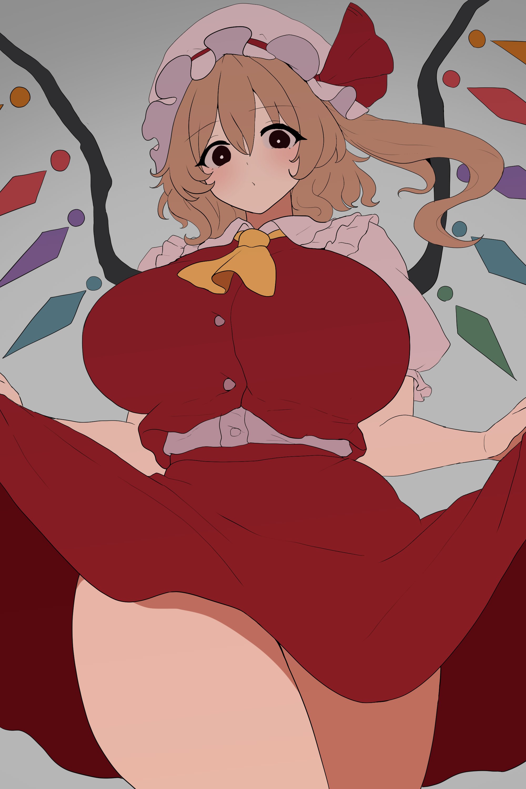 1girls, 2d, 2d (artwork), big breasts, blonde female, blonde hair, blonde-haired female, breasts, clothed, clothed female, female, female focus, female only, flandre scarlet, large boobs, large breasts, looking at viewer, looking down, looking down at viewer, moriforest1040, solo, solo female, solo focus, thick thighs, thighs, touhou, touhou project, video game character