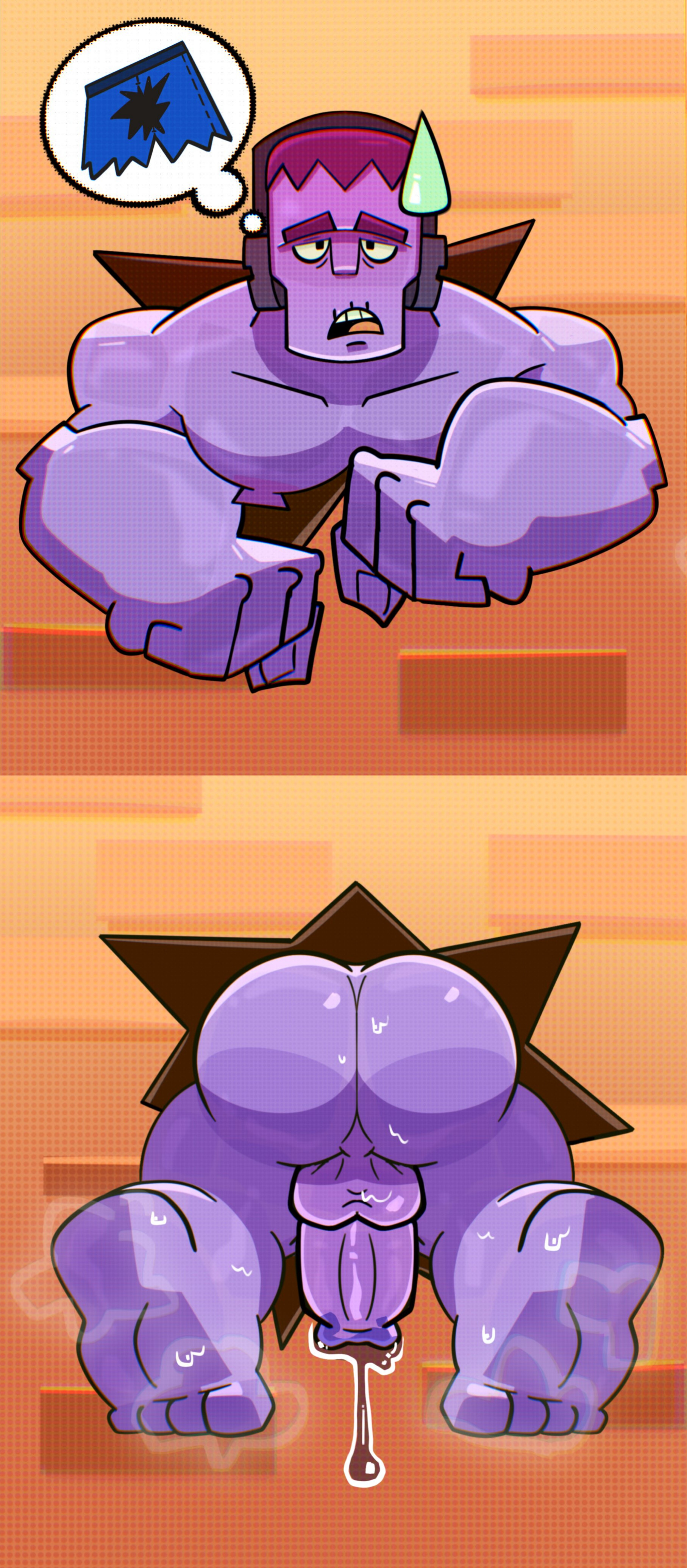 ass, ass focus, bara, brawl stars, cody lane, fat ass, frank (brawl stars), gay, male, muscular, muscular male, stuck in wall, through wall, yaoi