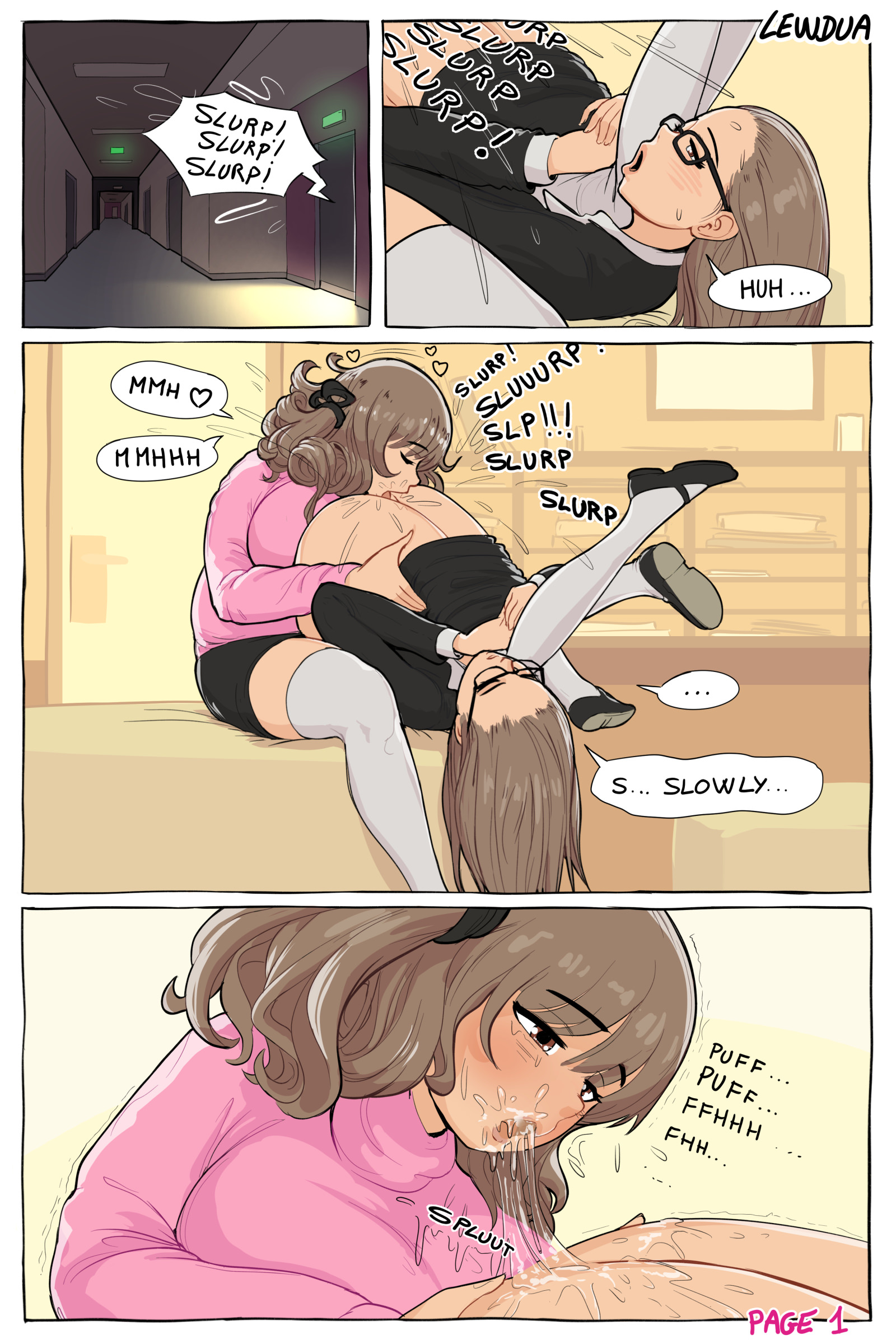 1futa, 1girls, 2d, big breasts, breasts, brown eyes, brown hair, comic, cunnilingus, dialogue, english text, female, futa on female, futanari, glasses, human, human only, intersex, karen (lewdua), lewdua, light skin, light-skinned female, light-skinned futa, long hair, natasha (lewdua), original, original character, page 1, page number, panels, short hair, speech bubble