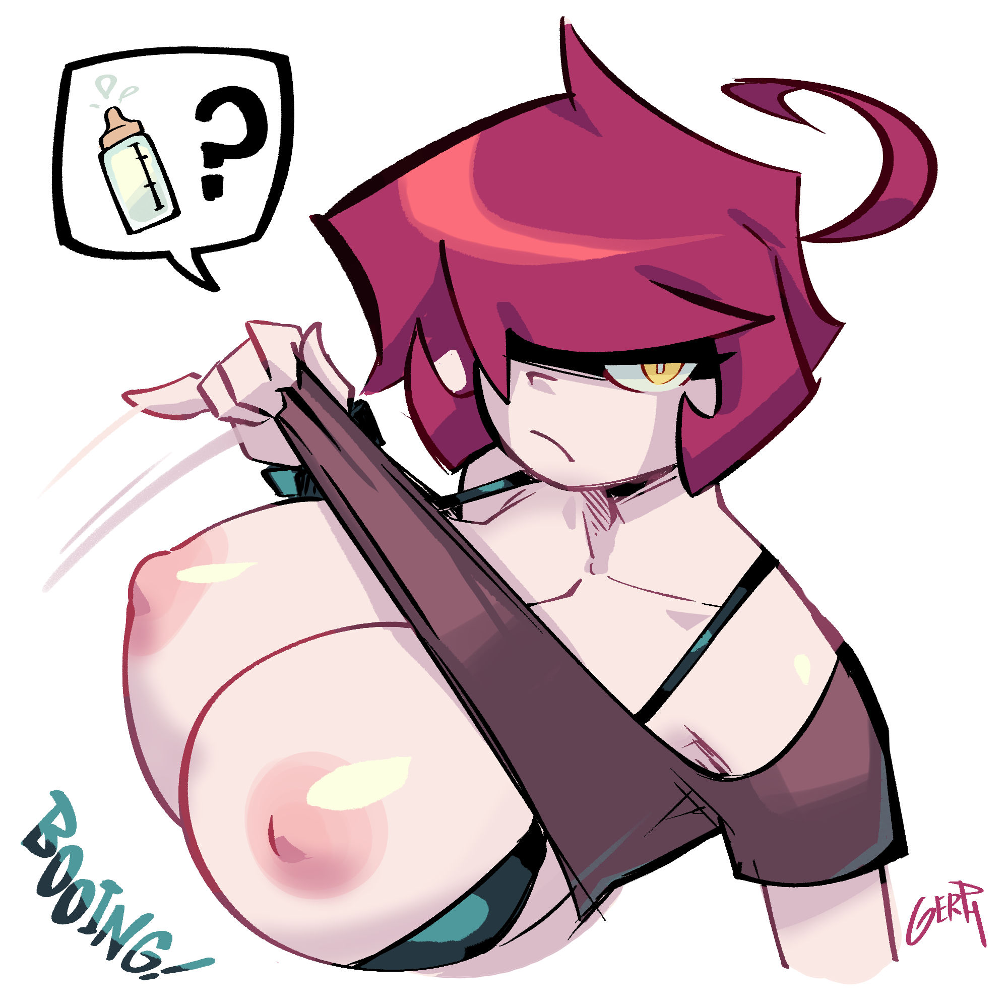 1girls, aged up, areolae, breastfeeding invitation, breasts, female, female only, gaz membrane, gerph, hair over one eye, huge breasts, invader zim, light skin, light-skinned female, nickelodeon, nipples, shirt lift, shirt up, solo, thicc gaz, upper body, white background, yellow eyes
