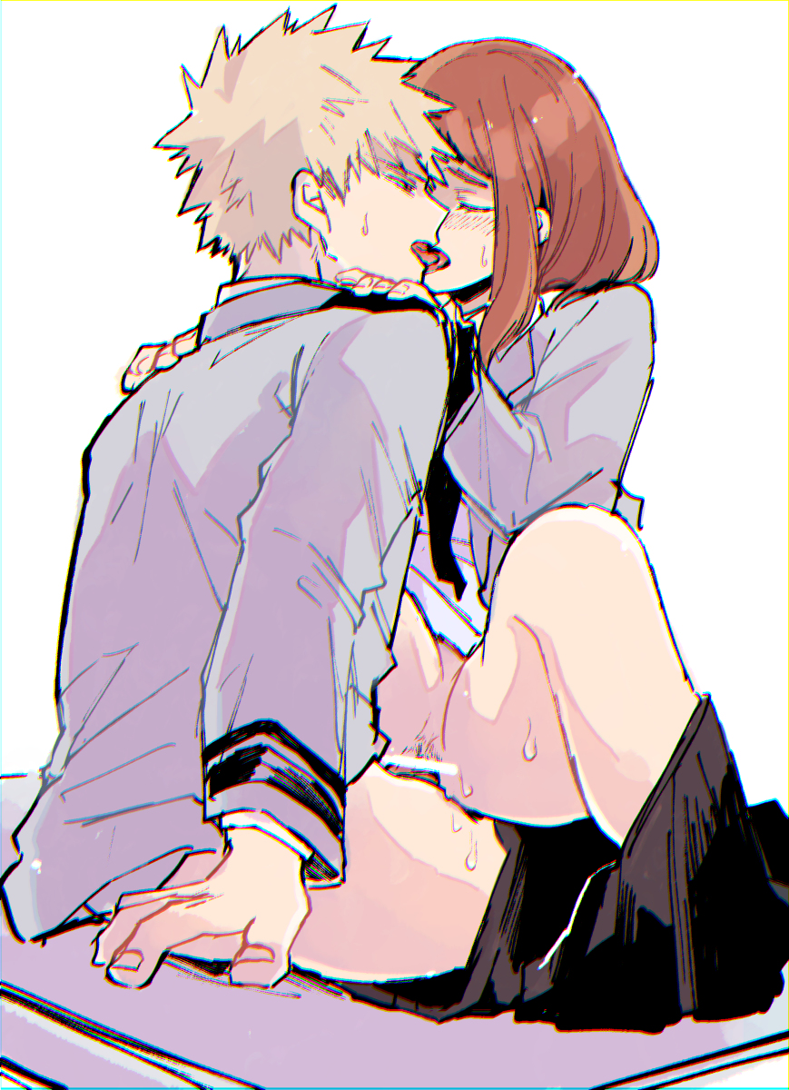 1boy, 1girls, blonde hair, blonde-haired male, brown hair, brown-haired female, clothed, clothed sex, cowgirl position, female, katsuki bakugou, kissing, male, my hero academia, ochako uraraka, pleasure face, school uniform, sitting on lap, u.a. school uniform