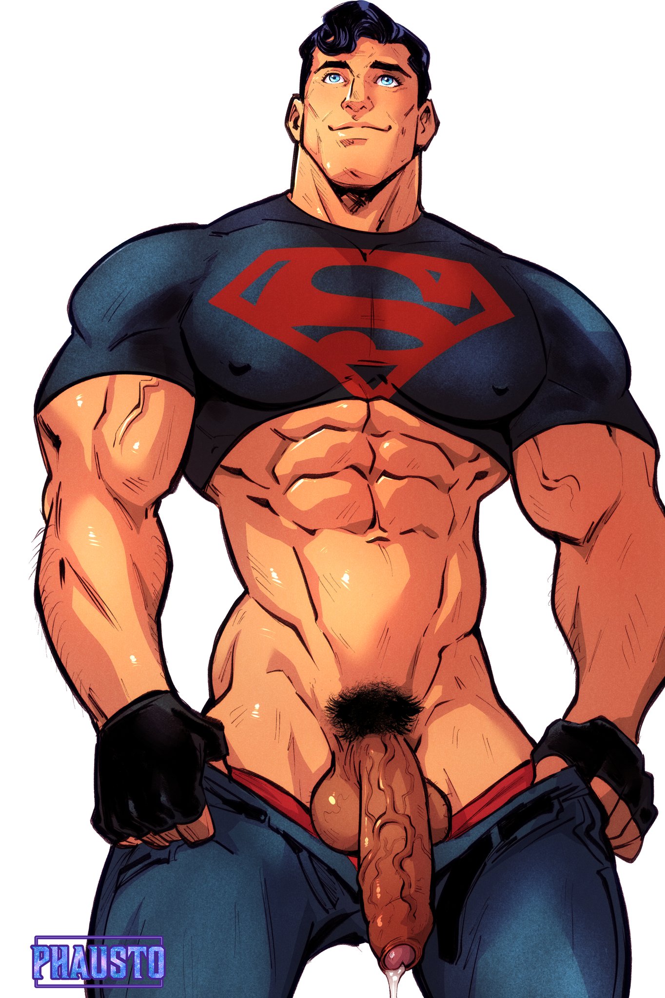 abs, balls, big pecs, clark kent, dc, dc comics, foreskin, gloves, male, male focus, male only, muscular, muscular male, nipples, nipples visible through clothing, pants, pecs, penis, phausto, pubes, pubic hair, solo, solo focus, solo male, superman, superman (series), tight clothing, uncircumcised, unretracted foreskin, veiny penis