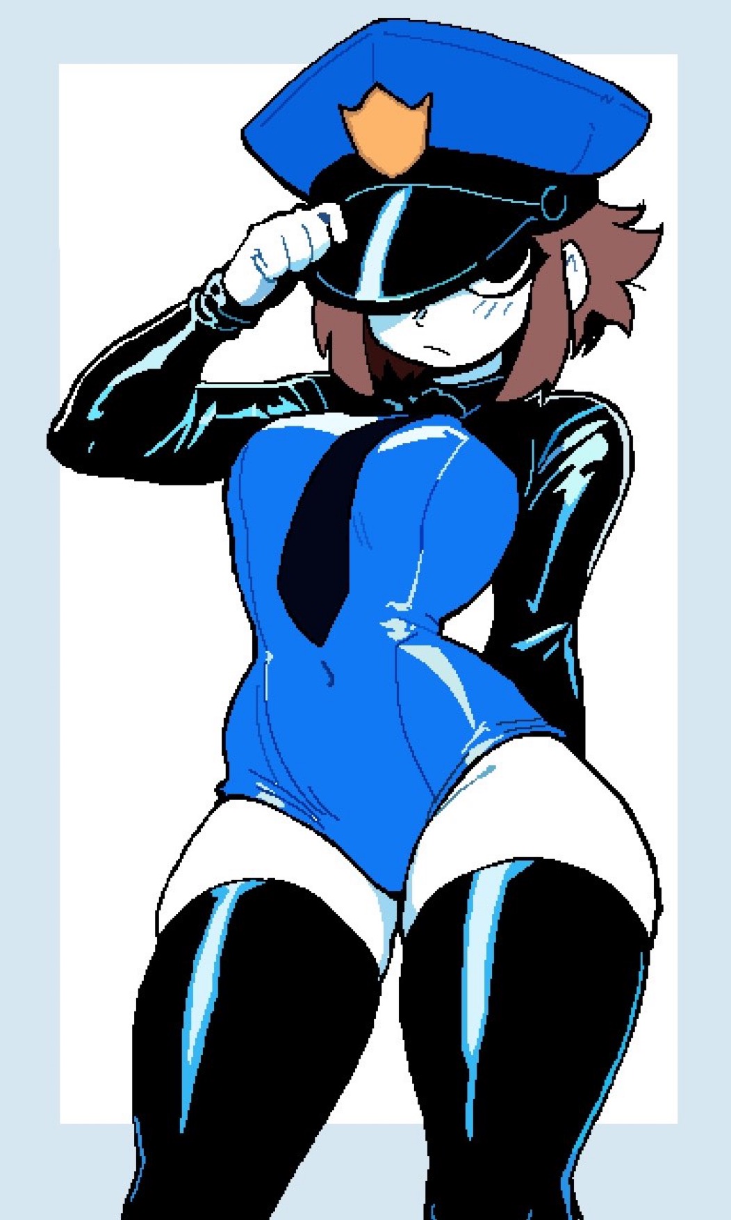 1girls, black eyes, blue clothing, brown hair, cop, female, fully clothed, hat over one eye, monmaamn, original character, police uniform, sentry (monmaamn), shiny clothes, solo, solo female, solo focus, tagme, thick thighs, thighhighs, tie, tight clothing, uniform, wide hips