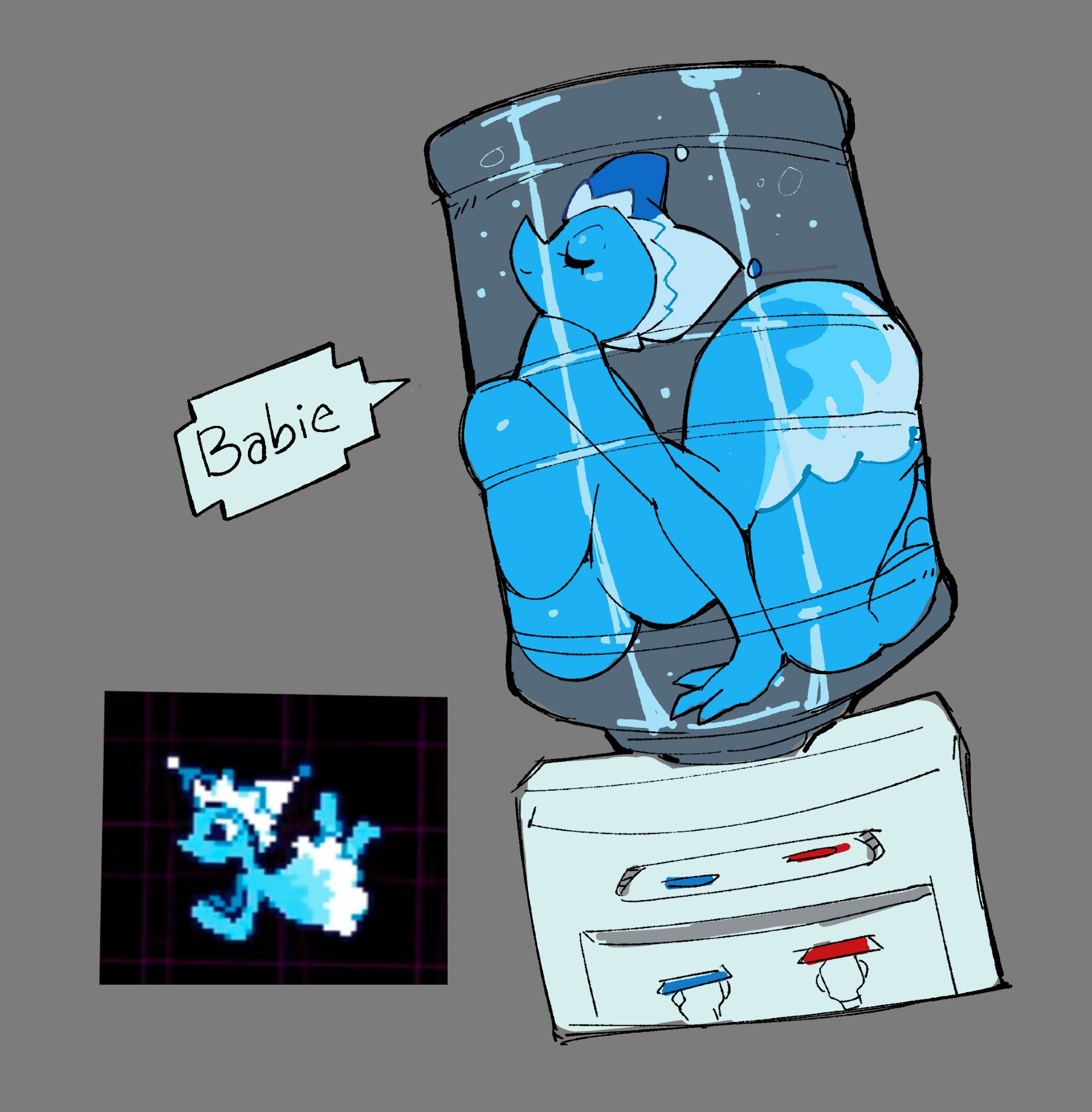 breast squish, breasts, deltarune, deltarune chapter 4, female, huge breasts, mizzle (deltarune), nupi, submerged, text, text bubble, thick, underwater, water, water cooler, water cooler (deltarune), water creature