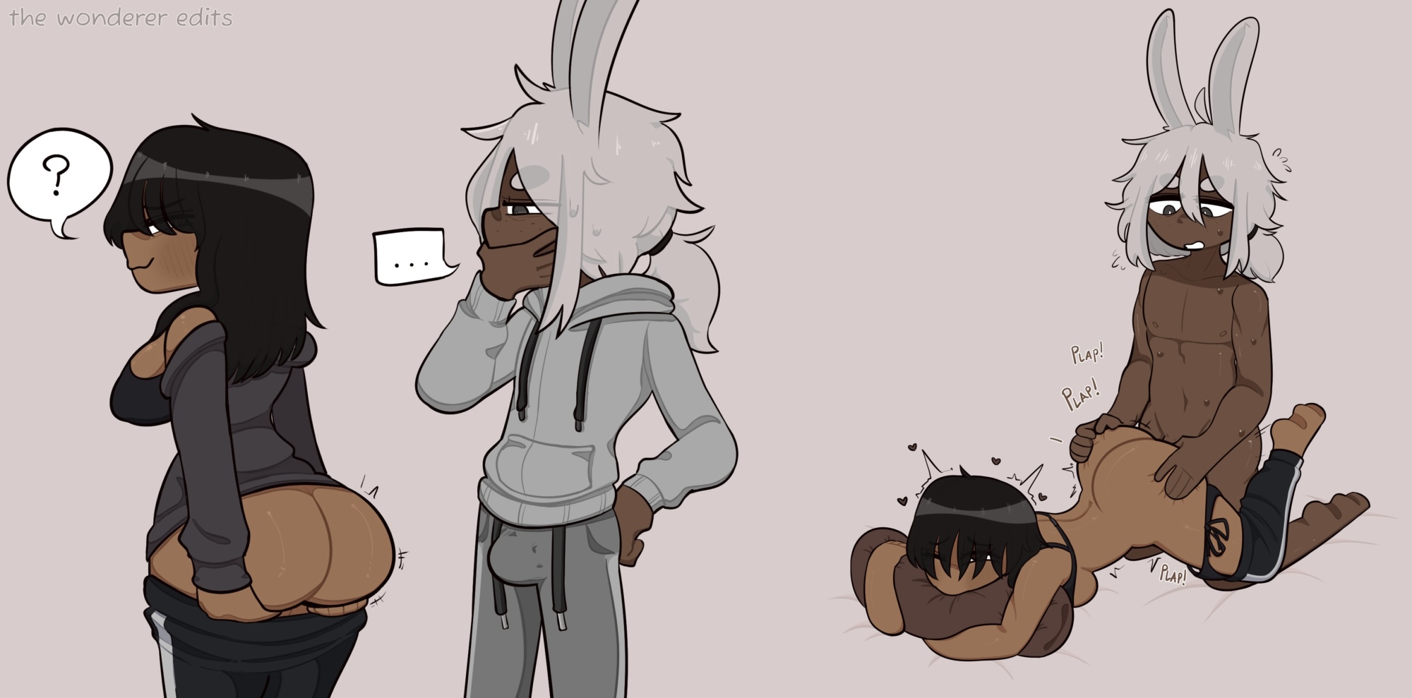 black body, bunny ears, coello, dark skin, edit, hoodie, male, penetration, penis, penismaster48, pillow bite, ponytail, sweatpants, tagme, white hair