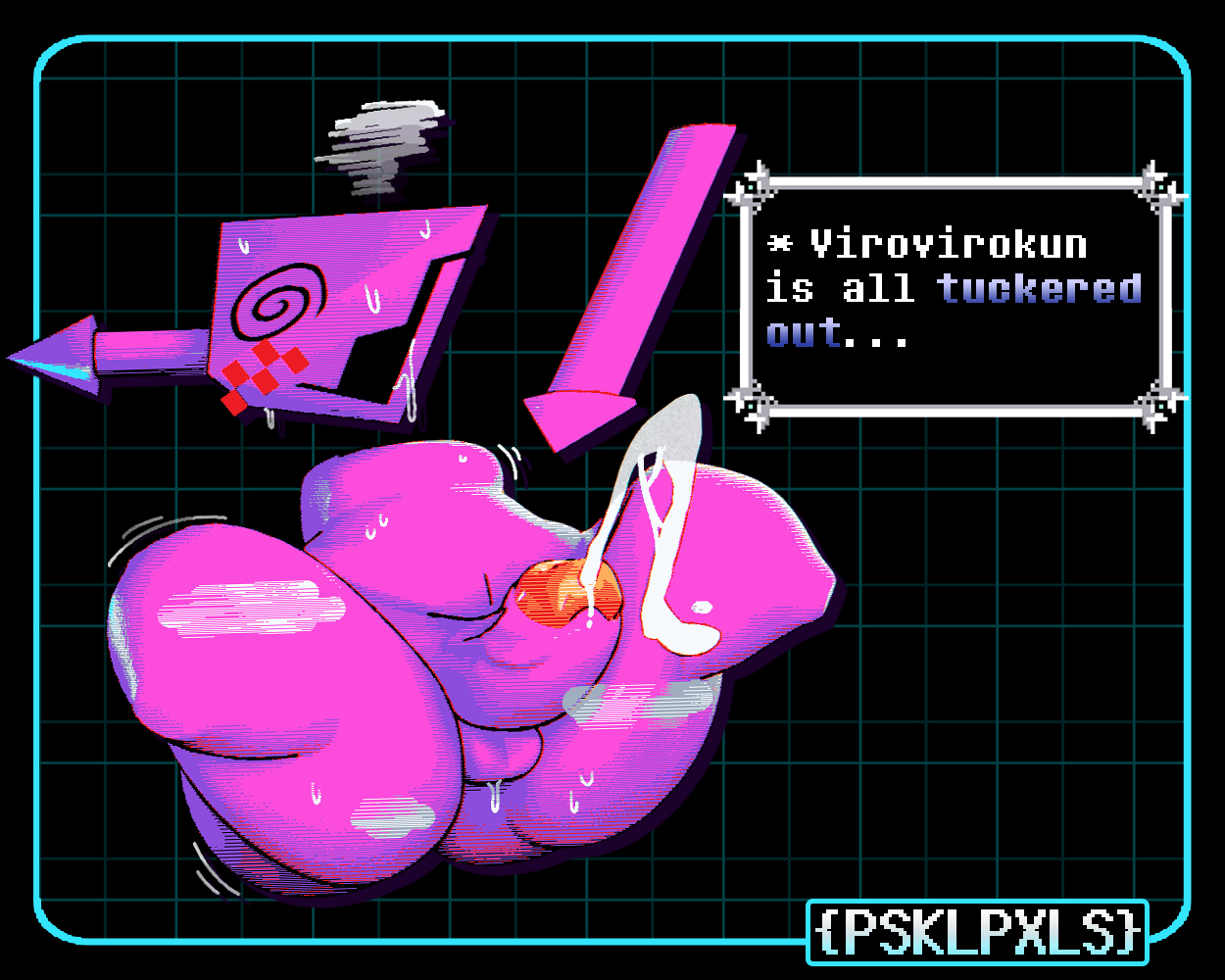 1boy, 2 horns, 2025, 3d (artwork), 5:4, anthro, armless, artist name, ass, balls, big butt, black eyes, blue text, blush, bodily fluids, bottom heavy, computer virus (species), conditional dnp, cum, cumshot, darkner, deltarune, digital creature, digital media (artwork), drooling, ejaculation, english text, exhausted, featureless legs, flaccid, foreskin, genital fluids, genitals, glans, hands-free, horn, huge butt, huge thighs, male, male only, motion lines, navel, nude, nude anthro, nude male, open mouth, open smile, penis, pink balls, pink body, pink foreskin, pink glans, pink horn, pink penis, piskelpaxels , rectangular speech bubble, red blush, saliva, saliva string, smile, solo, spiral, spiral eyes, steam, sweat, sweatdrop, text, thick thighs, tired, uncircumcised, undertale (series), virovirokun, watermark, white speech bubble, white text, wide hipped anthro, wide hipped male, wide hips