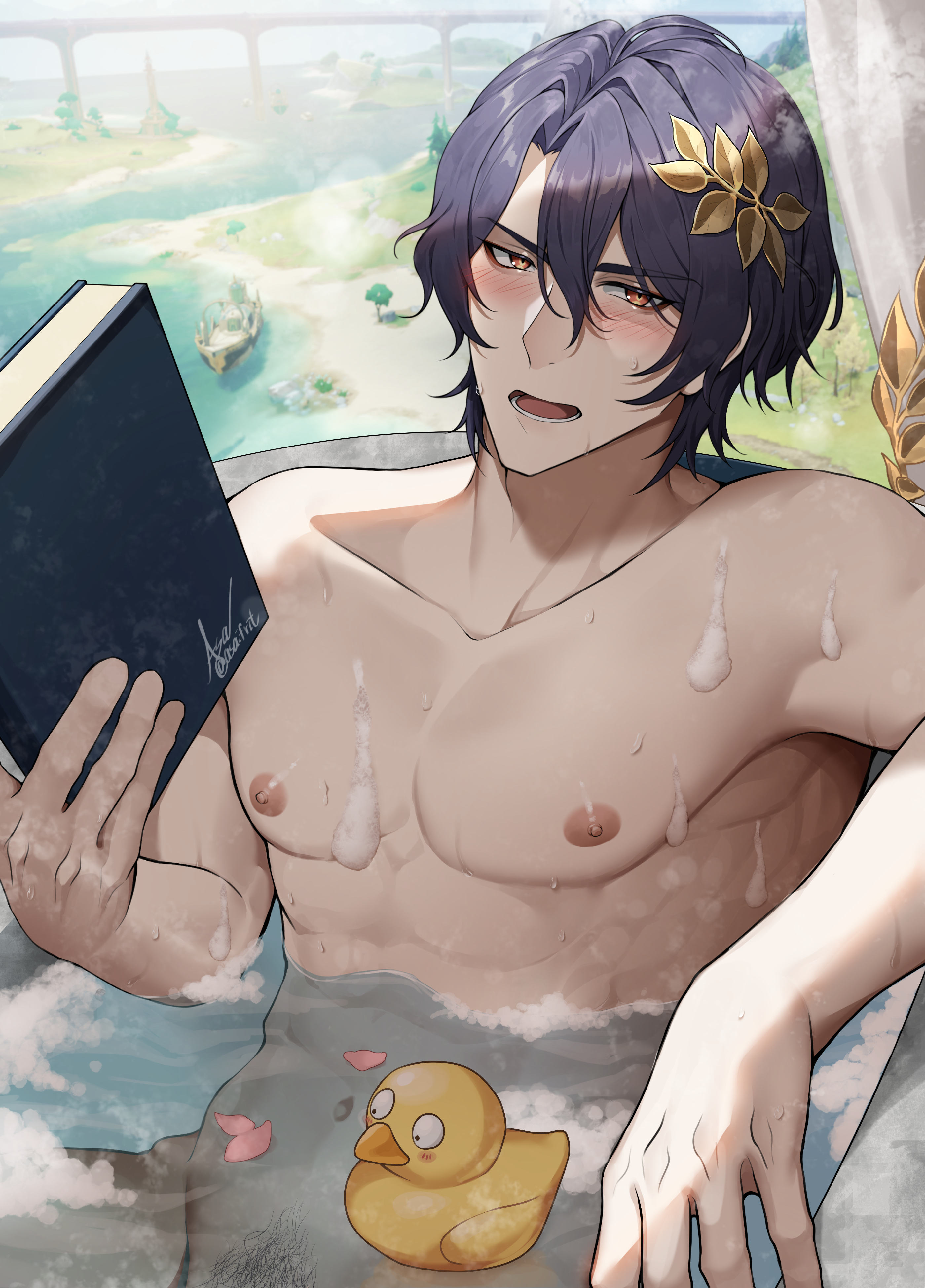 1boy, abs, asaifrit, bath, bathtub, dr. ratio (honkai: star rail), gay, happy trail, holding book, holding object, honkai: star rail, male, muscular, muscular male, nude, pubic hair, rubber duck, suds, taking a bath