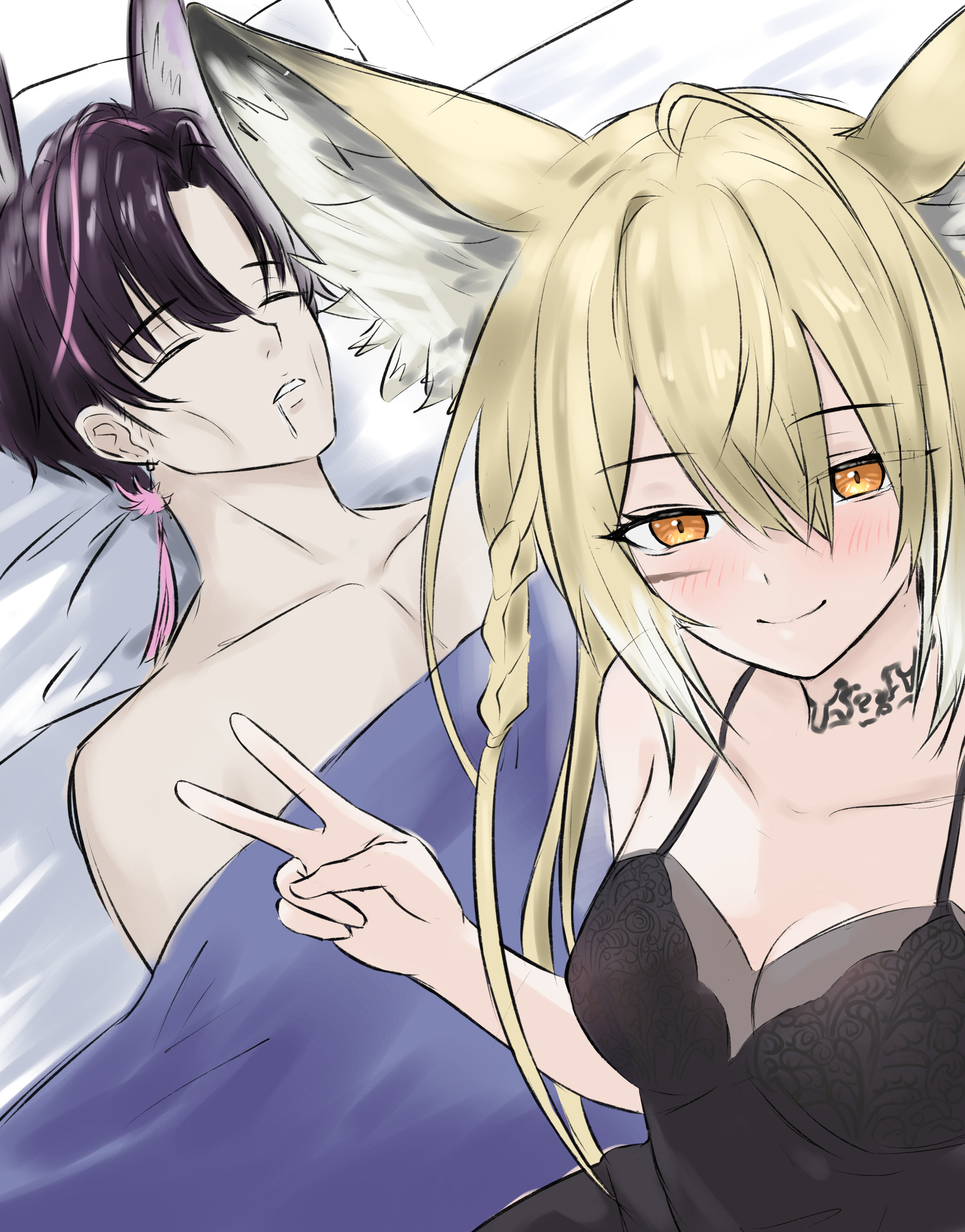 1boy, 1girls, 2025, after sex, animal ear fluff, animal ears, arknights, blonde female, blonde hair, blush, female, fox ears, fox girl, guy tired after sex (meme), hi res, kemonomimi, male, meme, peace sign, runyo (yale12312), tattoo, vulpisfoglia (arknights)