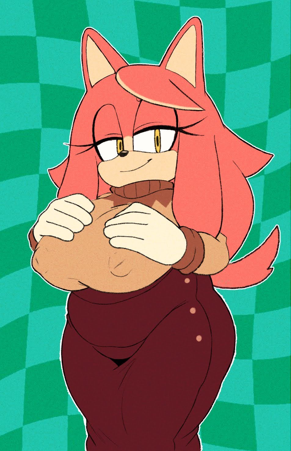 animal ears, animal nose, anthro, belly, blush, body fur, breast suppress, breasts, brown skirt, champchidi, closed mouth, clothing, conductor's wife (sonic), covered nipples, dress, erect nipples under clothes, eulipotyphlan, female, female only, fur, furry, furry female, gloves, hair, half-closed eyes, hands on own chest, hands up, happy, hedgehog, huge breasts, large breasts, long hair, long skirt, long sleeves, looking at viewer, makeup, mammal, nipples, nipples visible through clothing, pink fur, pink hair, plump, sega, sidelocks, sideways mouth, skirt, smile, solo, sonic (series), sonic the hedgehog (series), split mouth, standing, sweater, tail, the murder of sonic the hedgehog, thick thighs, thighs, turtleneck, turtleneck sweater, white gloves, wide hips, wolf ears, wolf girl, yellow eyes