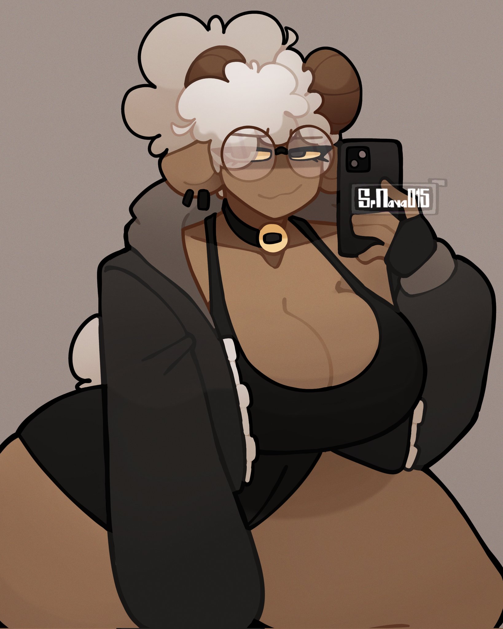1girls, beth (srnava), big breasts, big thighs, breasts, brown body, demon, demon girl, female, glasses, necklace, selfie, sheep girl, sheep horns, srnava, tagme, thighs, white hair