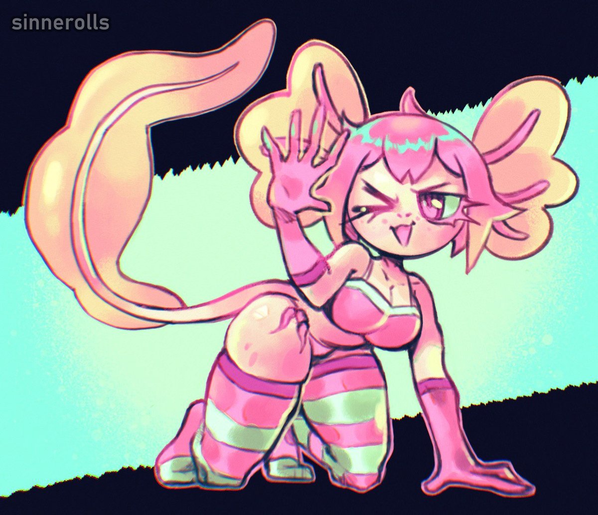 :3, 1girls, adorable, anthro, axolotl, axolotl girl, bikini, bra, breasts, cleavage, cute, doggy style, elbow gloves, female, female only, freckles, gloves, long tail, one eye closed, panties, pink clothing, pink elbow gloves, pink eyes, pink gloves, pink hair, side-tie panties, sinnerolls, skindentation, solo, striped legwear, striped thighhighs, thick thighs, thighhighs, underwear, vitzy (vitzypie), wink