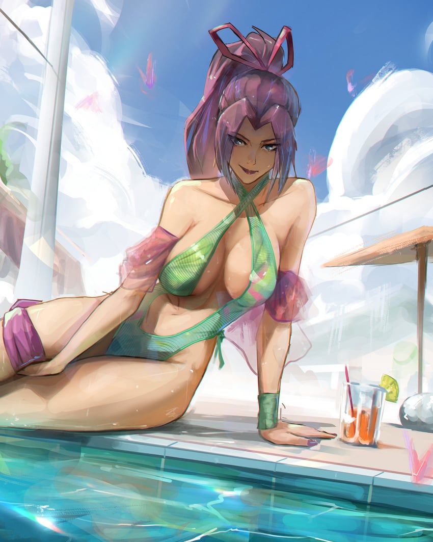 1girls, breasts, butterfly ornament, cleavage, female, green one-piece swimsuit, hair ribbon, large breasts, long hair, looking at viewer, marvel, marvel comics, marvel rivals, mutant (marvel), one-piece swimsuit, ponytail, psylocke, psylocke (sai) (breezy butterfly), purple hair, ribbon, smile, solo, stephengiannart, swimsuit, water, x-men