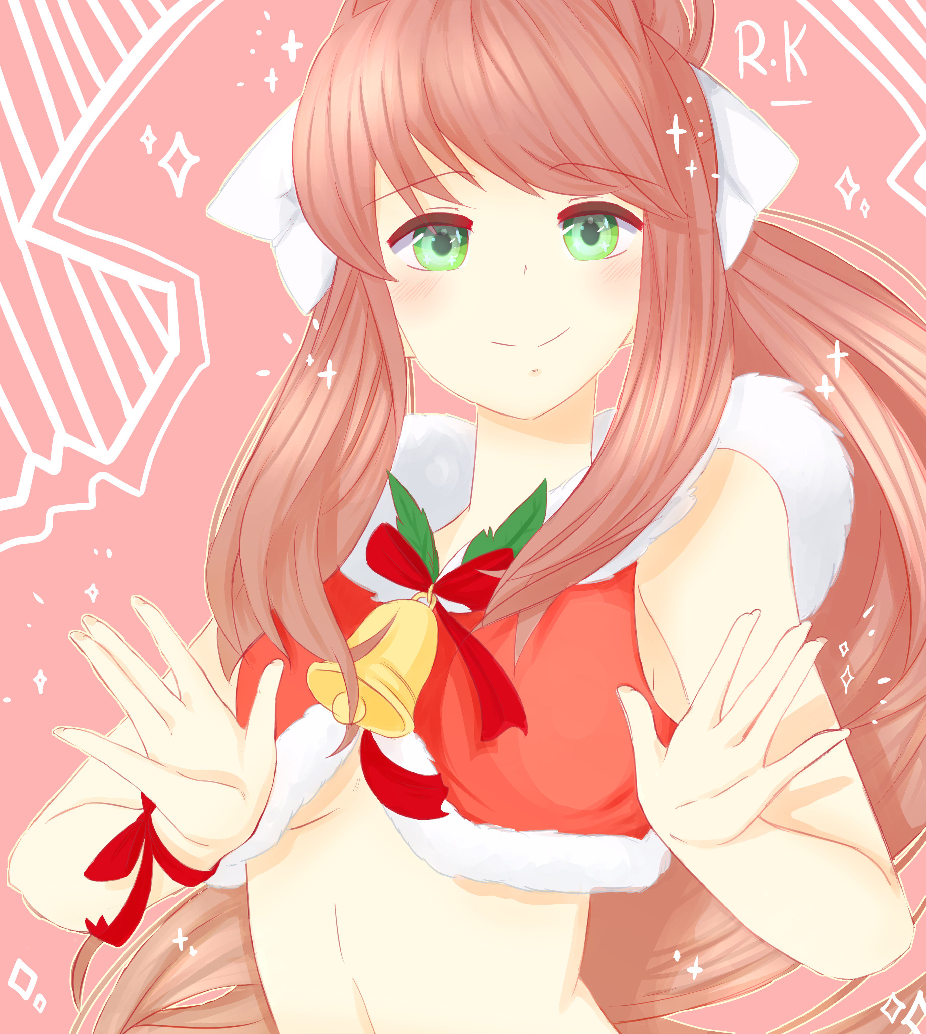 bell, brown hair, christmas, doki doki literature club, female, green eyes, monika (doki doki literature club), pov, pov eye contact, smile, tagme