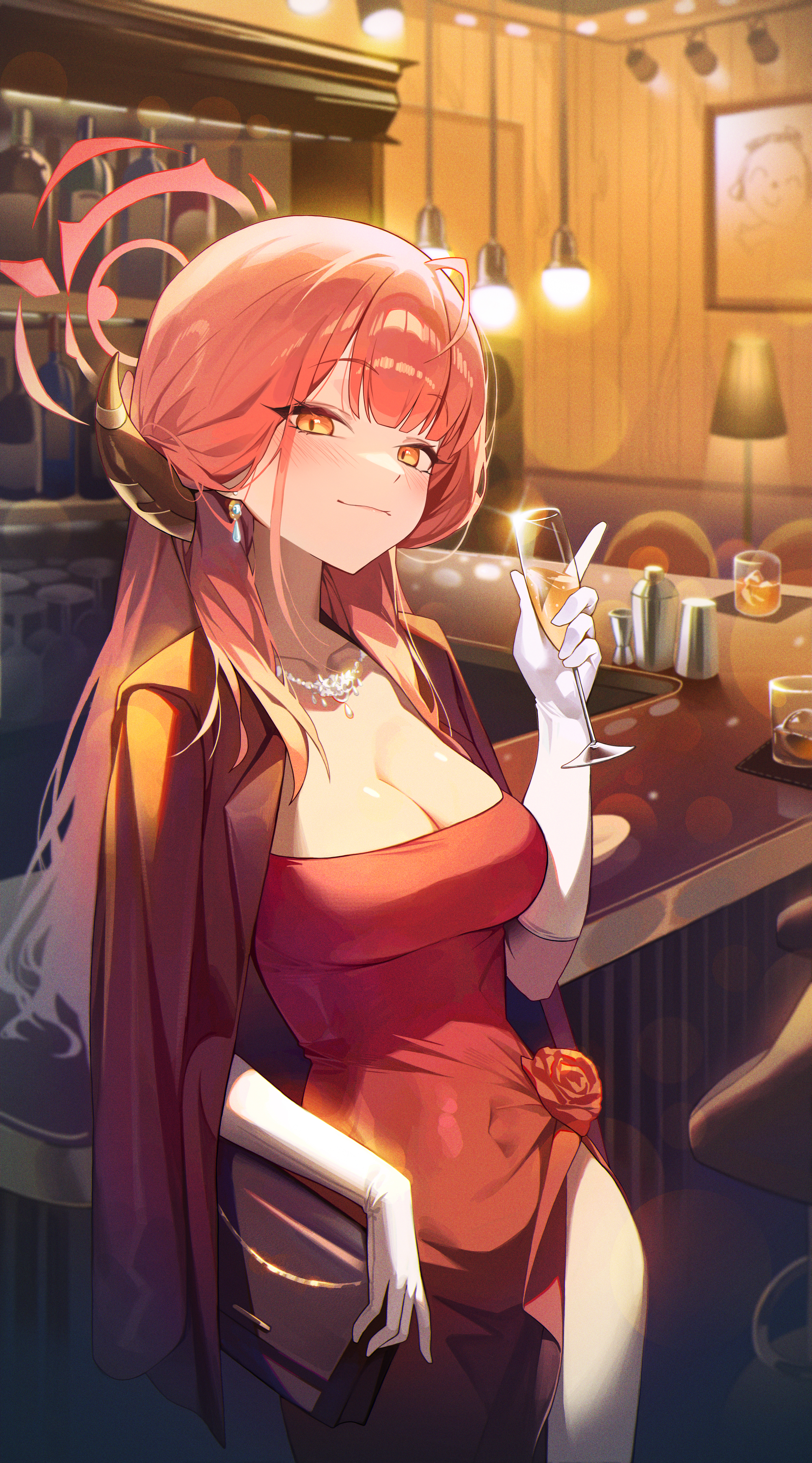 aru (blue archive), aru (dress) (blue archive), big breasts, blue archive, blush, breasts, cleavage, demon girl, dress, drinking glass, evening gown, female, gehenna academy student, gloves, halo, holding drink, horns, long hair, looking at viewer, ninebell, problem solver 68 (blue archive), red dress, red hair, tight clothing, video game character
