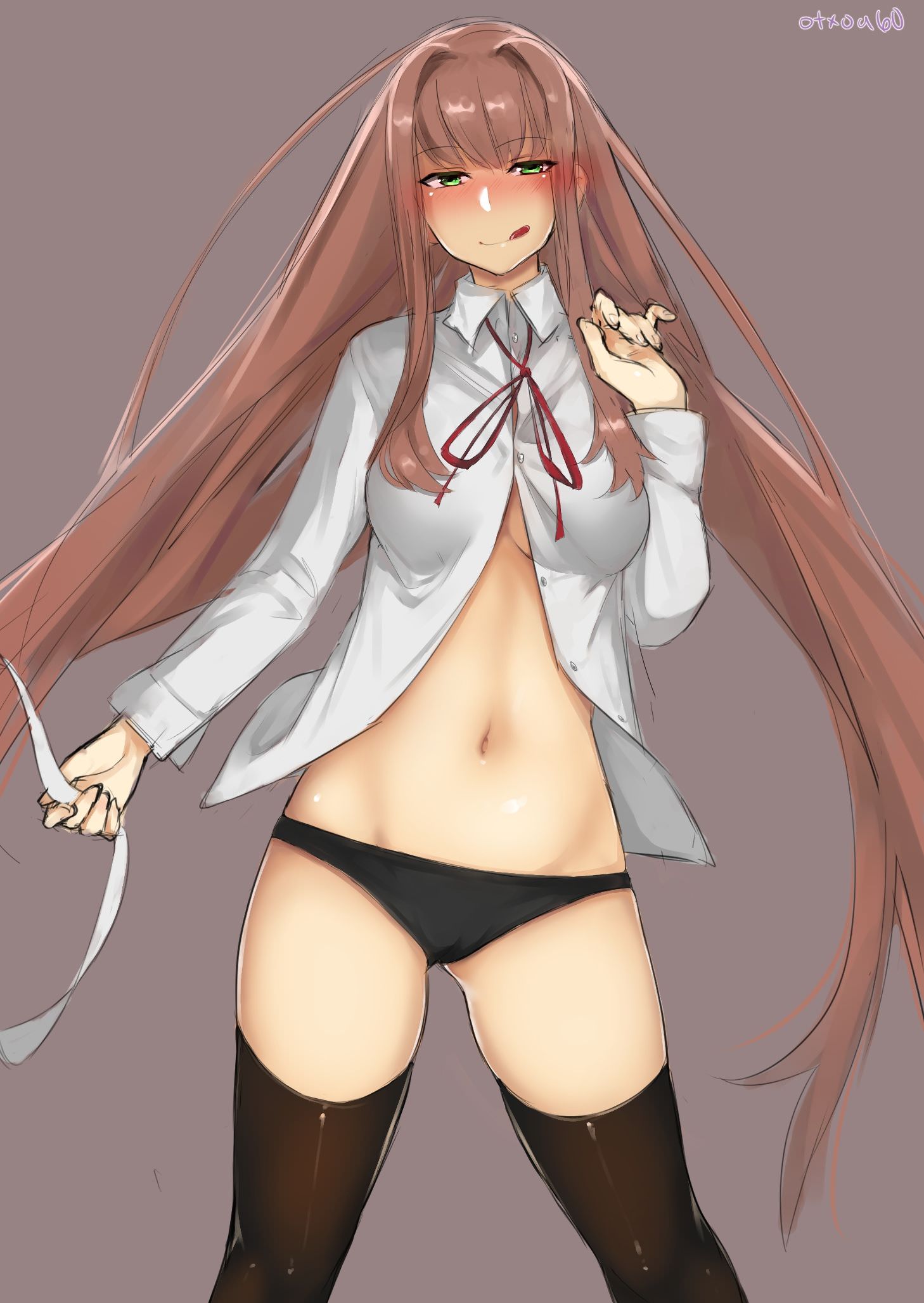 1girls, black panties, black thighhighs, blush, breasts, brown hair, doki doki literature club, female, green eyes, hair down, happy female, horny, horny female, licking lips, looking at viewer, medium breasts, monika (doki doki literature club), no pants, open shirt, otxoa60, panties, solo, solo female, standing, tagme, taking clothes off, thick thighs, thighhighs, undressing, very long hair, white shirt