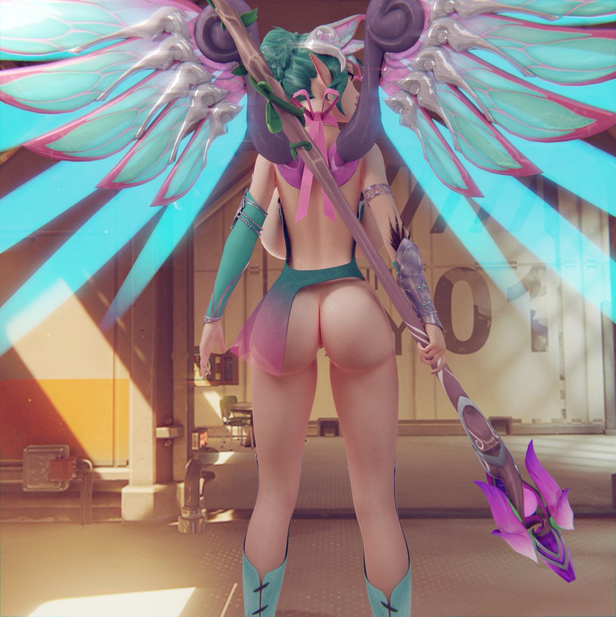 1girls, 3d, alternate costume, ass, female, female only, green hair, mercy, overwatch, solo, sugar plum fairy mercy, superhentaimaster9000, wings