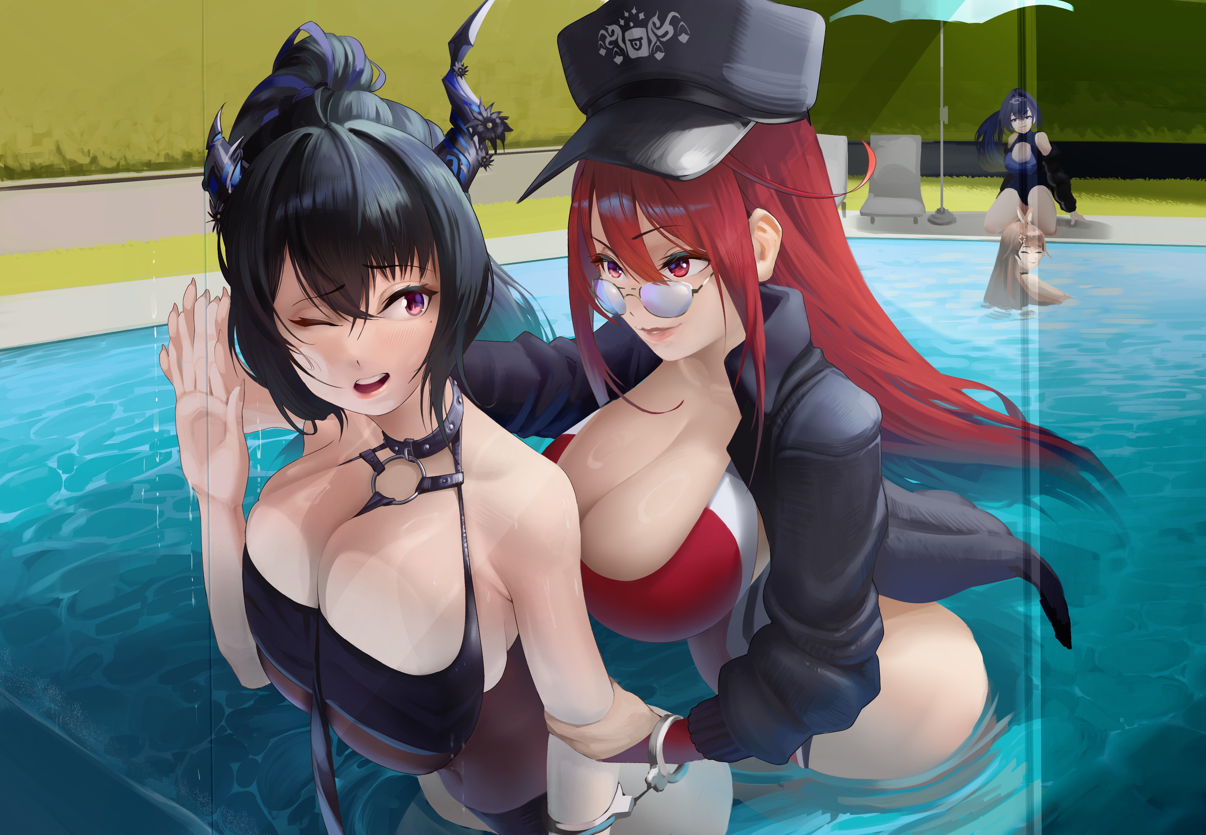 4girls, absurd res, against glass, against surface, big breasts, black hair, breast press, breasts, character in background, demon girl, elizabeth rose bloodflame, elizabeth rose bloodflame (holonatsu paradise), female, female only, hat, headwear, hi res, hololive, hololive english, hololive english -advent-, hololive english -council-, hololive english -justice-, hololive english -promise-, holonatsu paradise, horns, light skin, light-skinned female, nanashi mumei, nerissa ravencroft, nerissa ravencroft (holonatsu paradise), nikatsun, one eye closed, ouro kronii, ouro kronii (holonatsu paradise), red eyes, red hair, sunglasses, swimsuit, swimwear, tagme, virtual youtuber