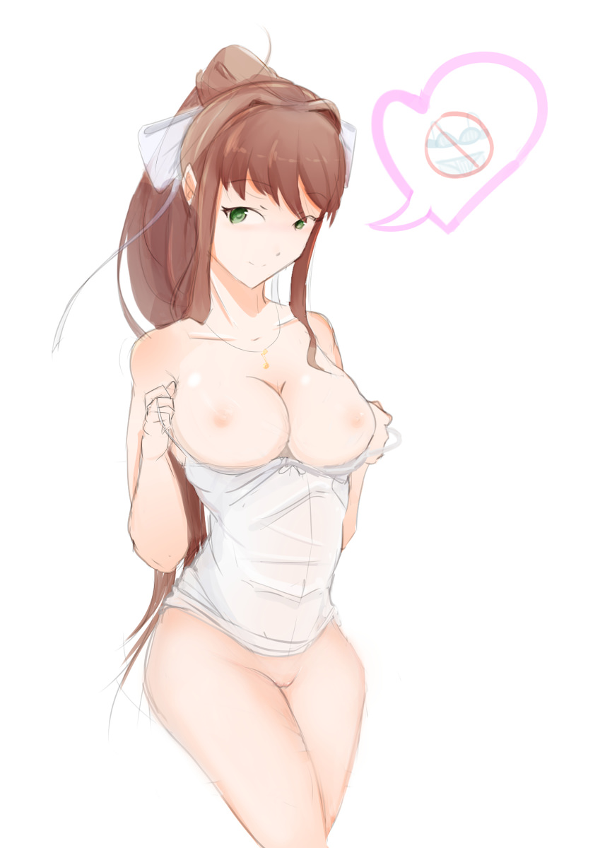 1girls artist_request bottomless bow breasts breasts_out brown_hair doki_doki_literature_club female green_eyes hair_ribbon hairbow heart legs_together long_hair looking_at_viewer medium_breasts monika_(doki_doki_literature_club) necklace nipples no_bra no_panties ponytail pulling_down_tank_top pulling_shirt_down pulling_top_down pussy ribbon simple_background solo solo_female tagme taking_clothes_off tank_top thick_thighs thighs topless undressing white_background white_bow white_ribbon white_tank_top