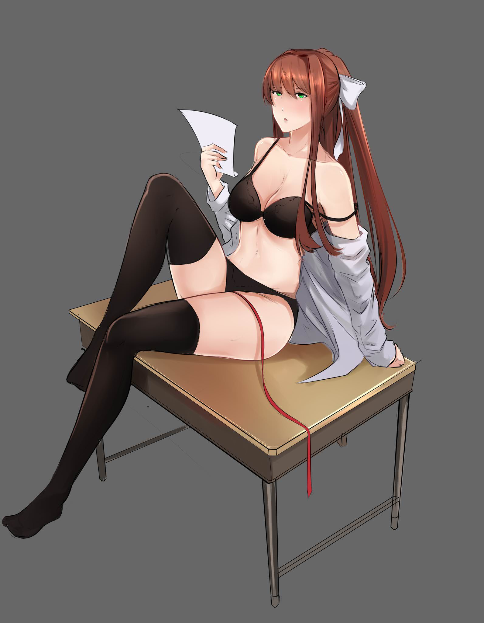 1girls, artist request, black bra, black panties, bra, breasts, cleavage, desk, doki doki literature club, female, female only, leg up, long hair, medium breasts, monika (doki doki literature club), off shoulder, open shirt, panties, ponytail, simple background, sitting, sitting on desk, solo, tagme, thick thighs, thighhighs